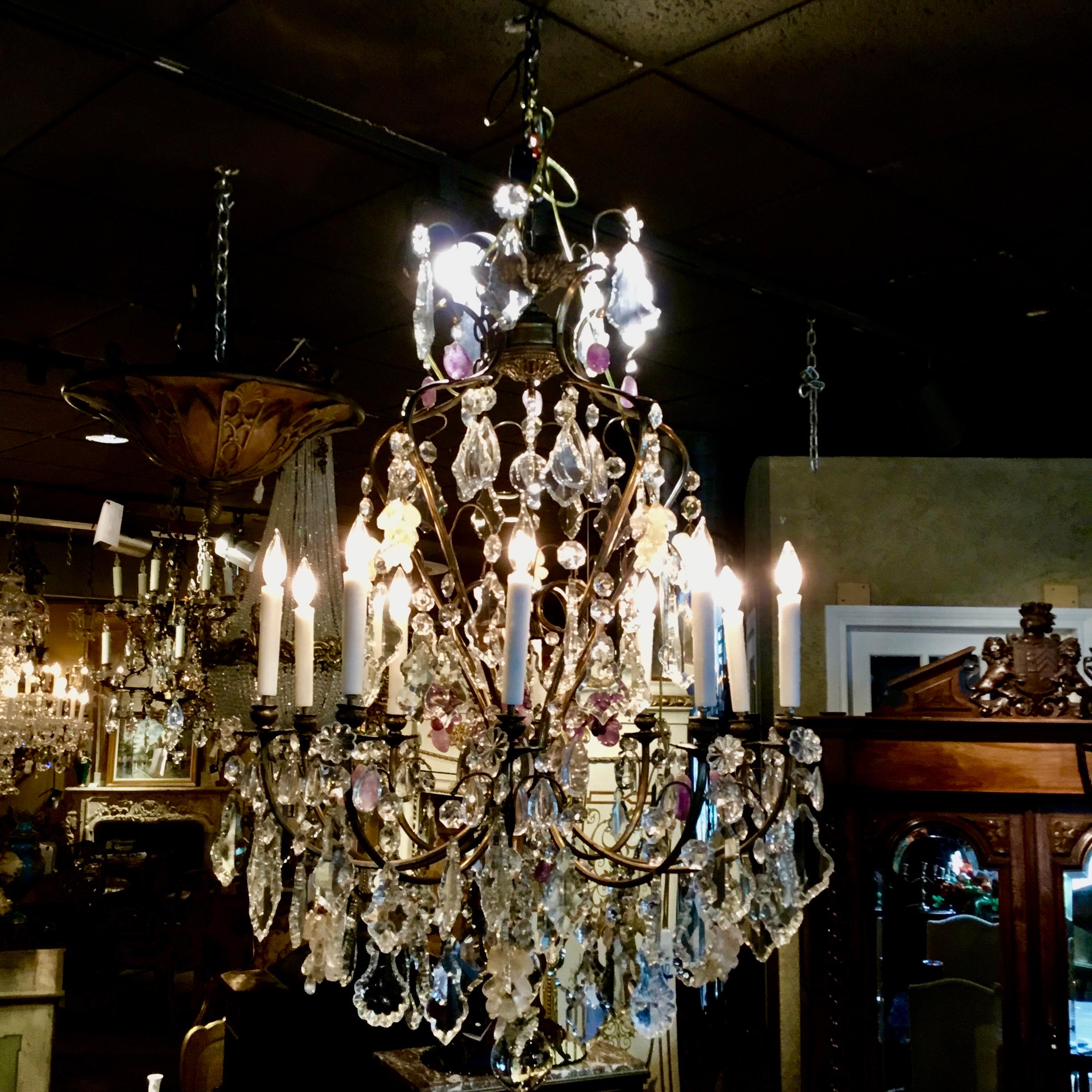 Large French Chandelier with Rock, Clear and Clusters of Amethyst Crystals In Excellent Condition For Sale In Houston, TX