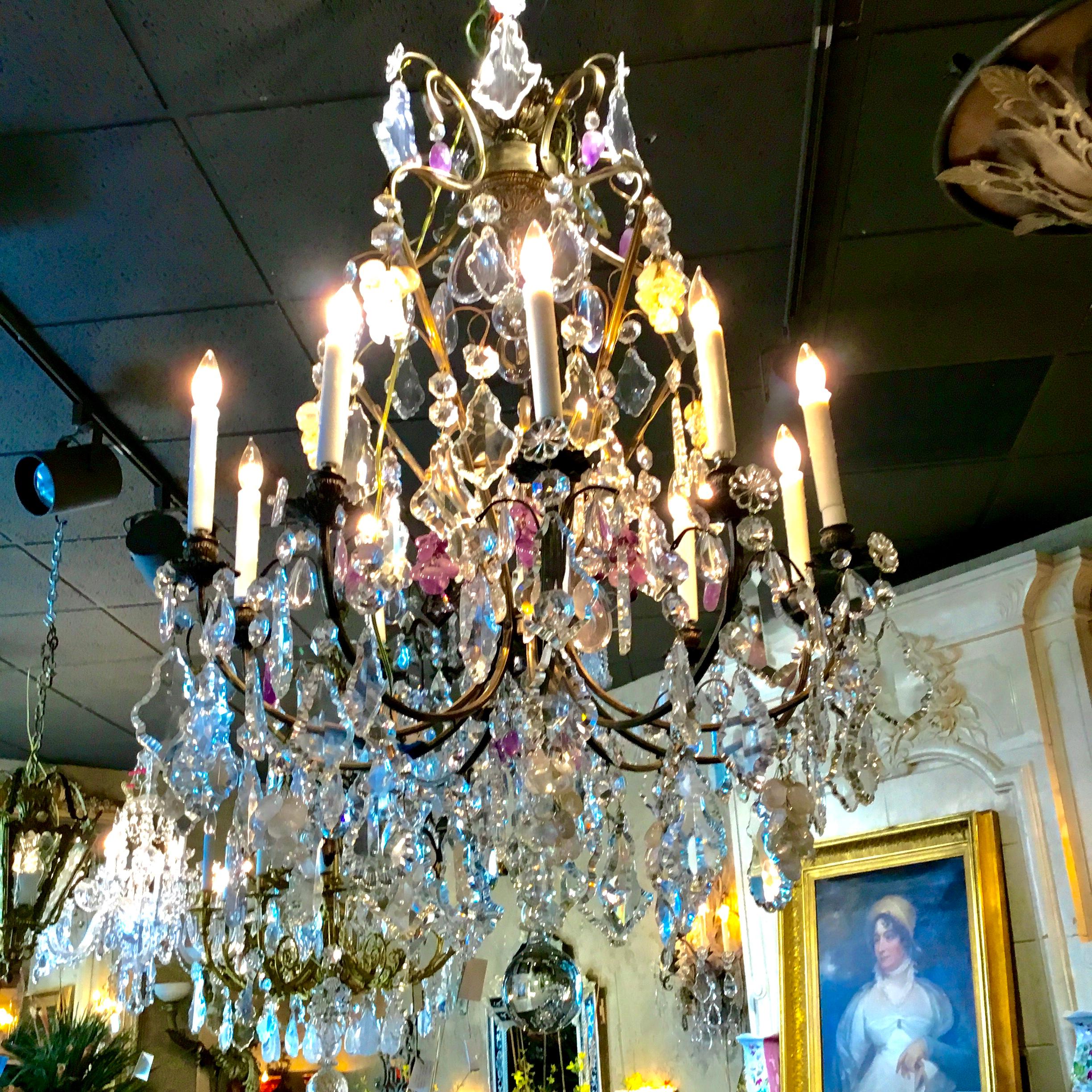 Bronze Large French Chandelier with Rock, Clear and Clusters of Amethyst Crystals For Sale