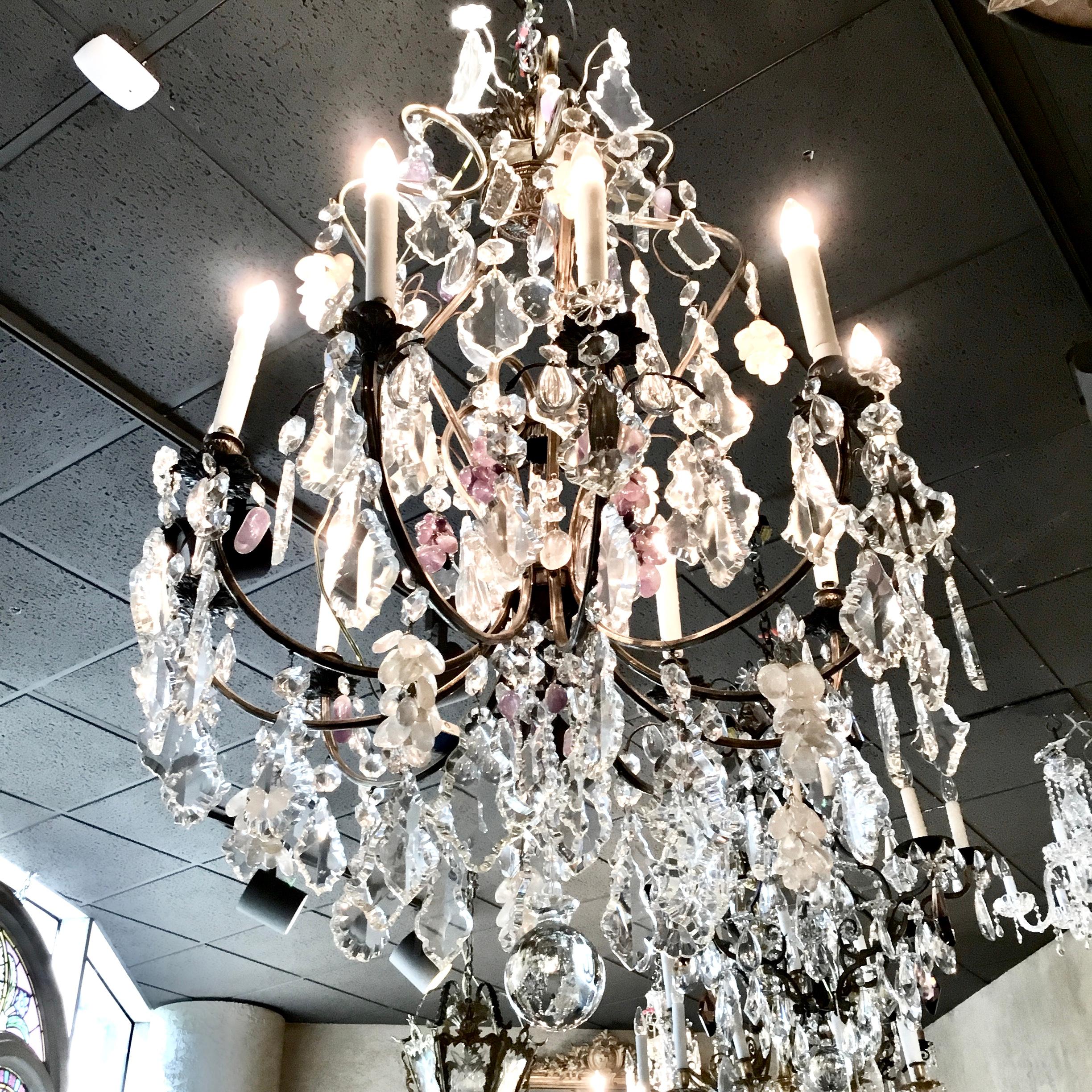 Large French Chandelier with Rock, Clear and Clusters of Amethyst Crystals For Sale 1