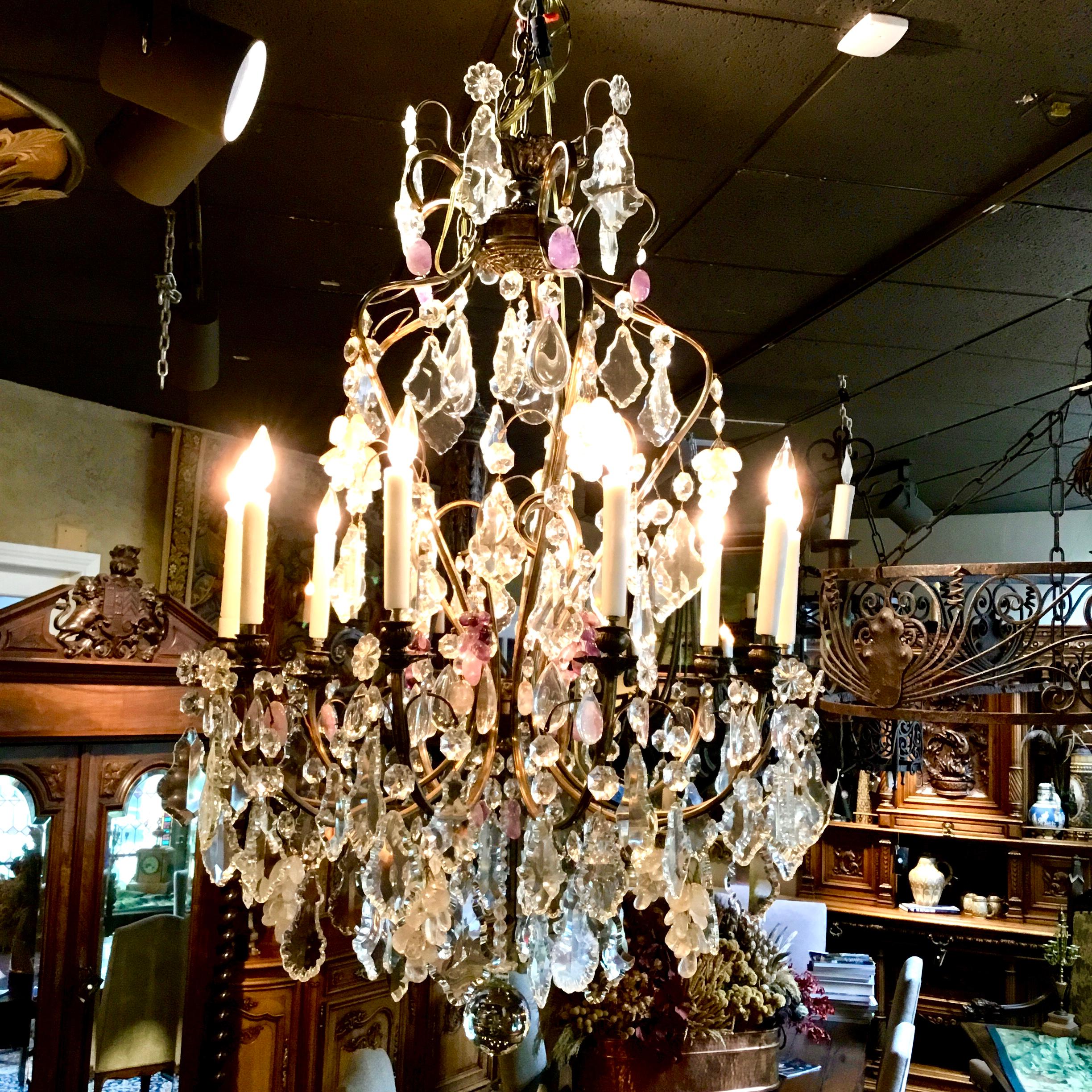 Large French Chandelier with Rock, Clear and Clusters of Amethyst Crystals For Sale 2