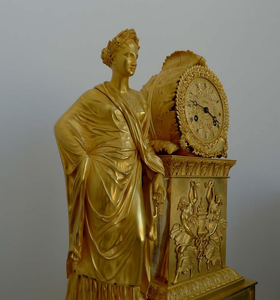 Large French Charles X period ormolu clock representing Ceres. A monumental clock of very fine quality and with totally original fire gilded ormolu. The clock represents Ceres, the Roman goddess of corn and harvests. She was the daughter of Saturn