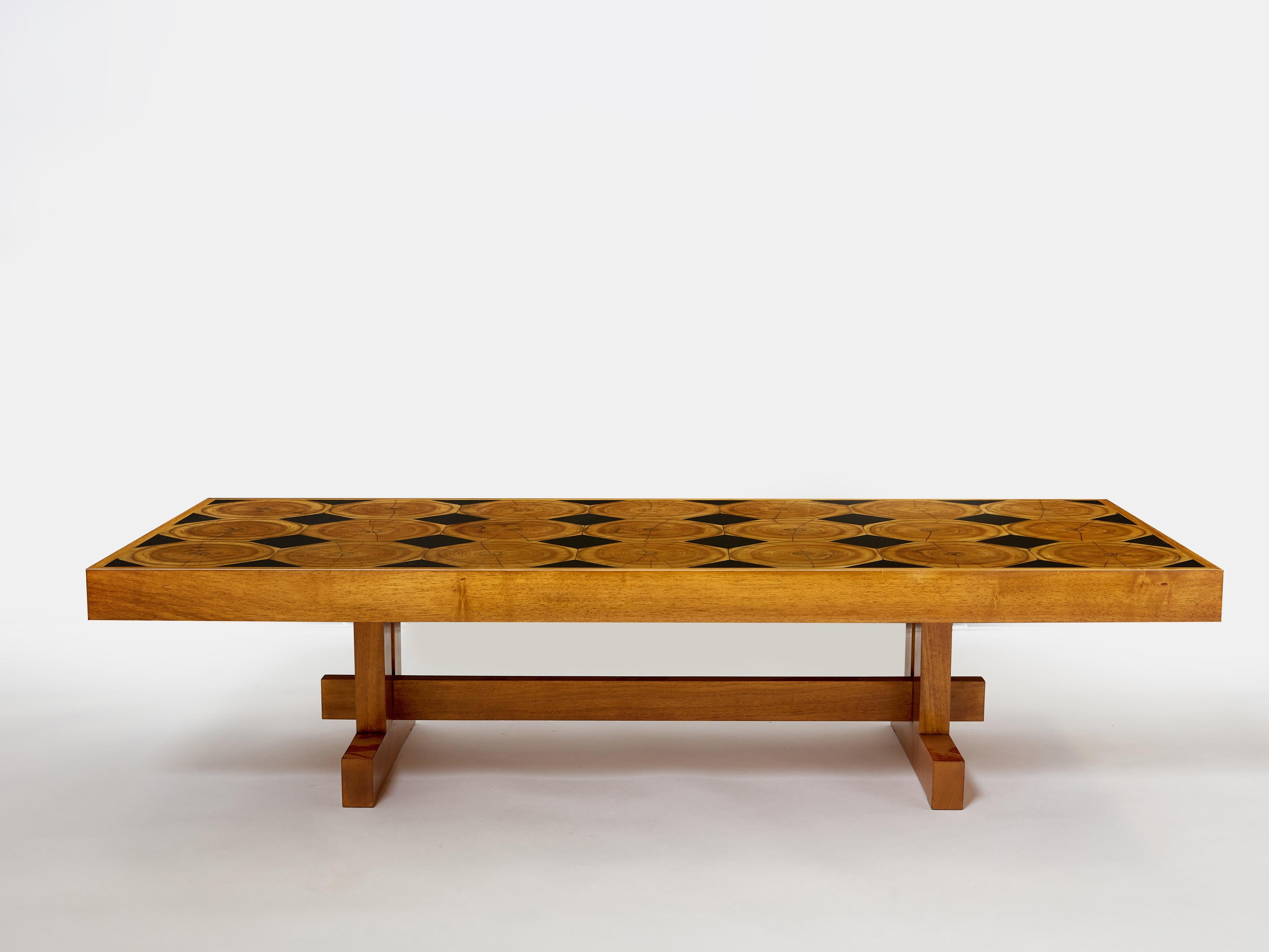 Oak  Large French coffee table oak wood petrified wood and slate top 1960 For Sale