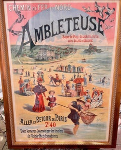 Gran cartel litográfico francés en color que anuncia viajes en tren junto al mar