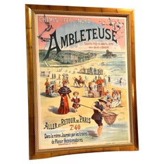 Gran cartel litográfico francés en color que anuncia viajes en tren junto al mar