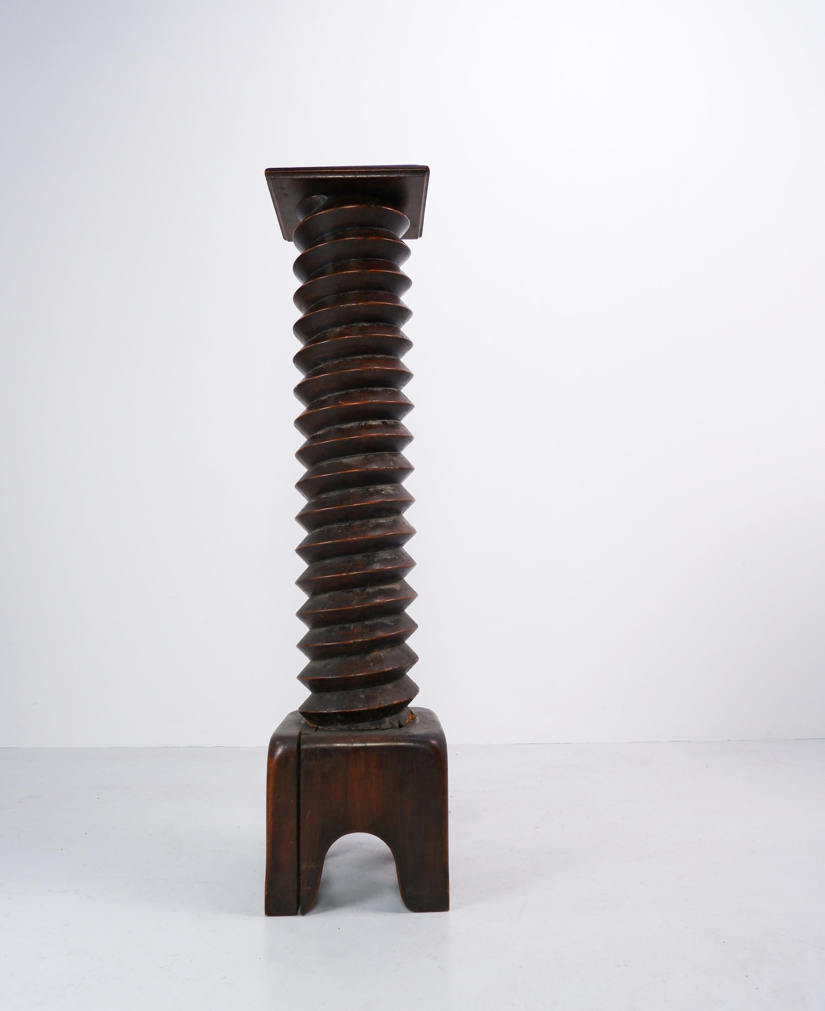 Impressive early 20th century turned oak pedestal in the manner of Charles Dudouyt. 

Dimensions (cm, approx):
Height: 130
Width: 31.5
Depth: 31.5.