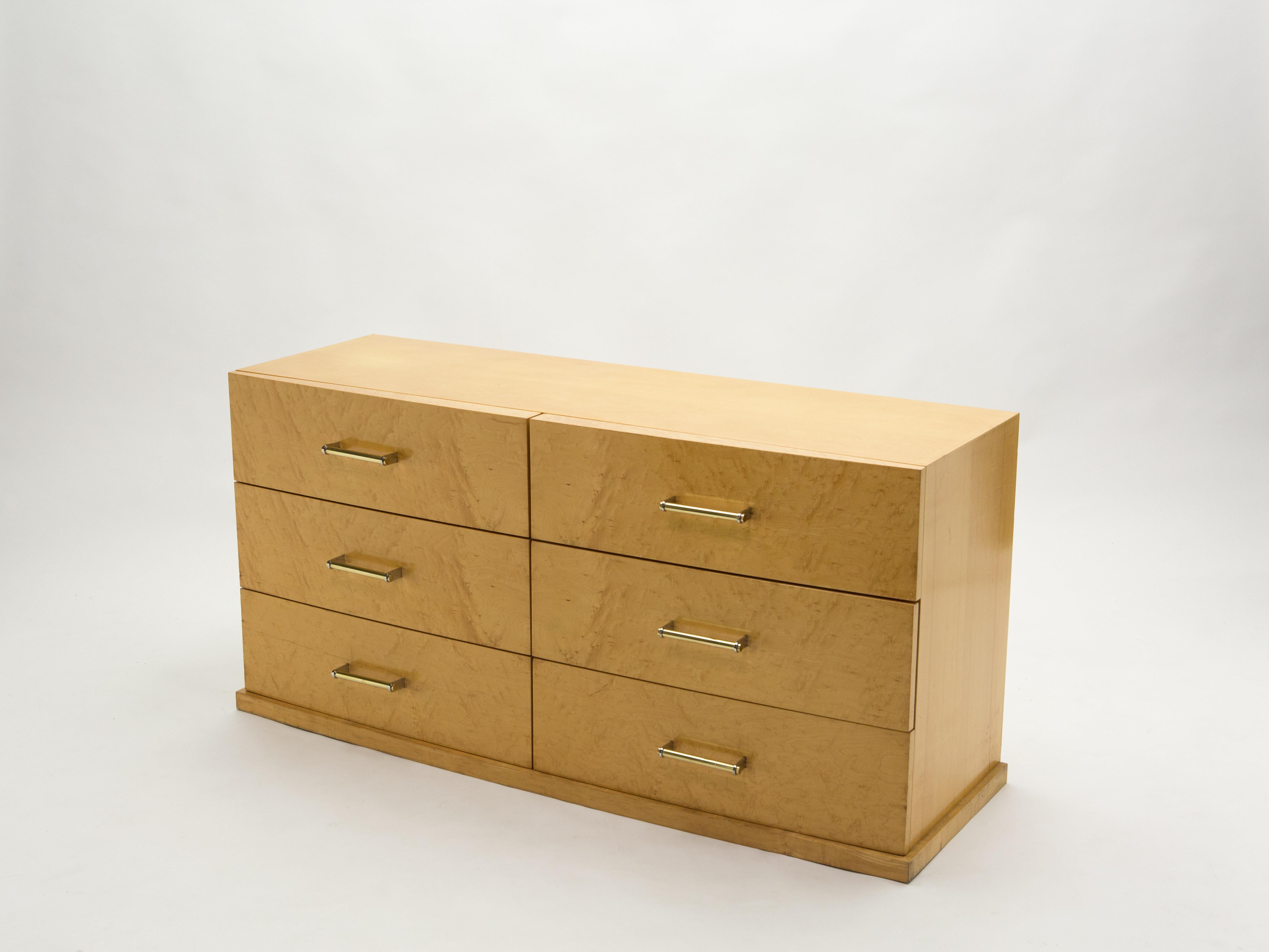 Mid-Century Modern Large French Commode Sycamore with Brass Handles, 1950s