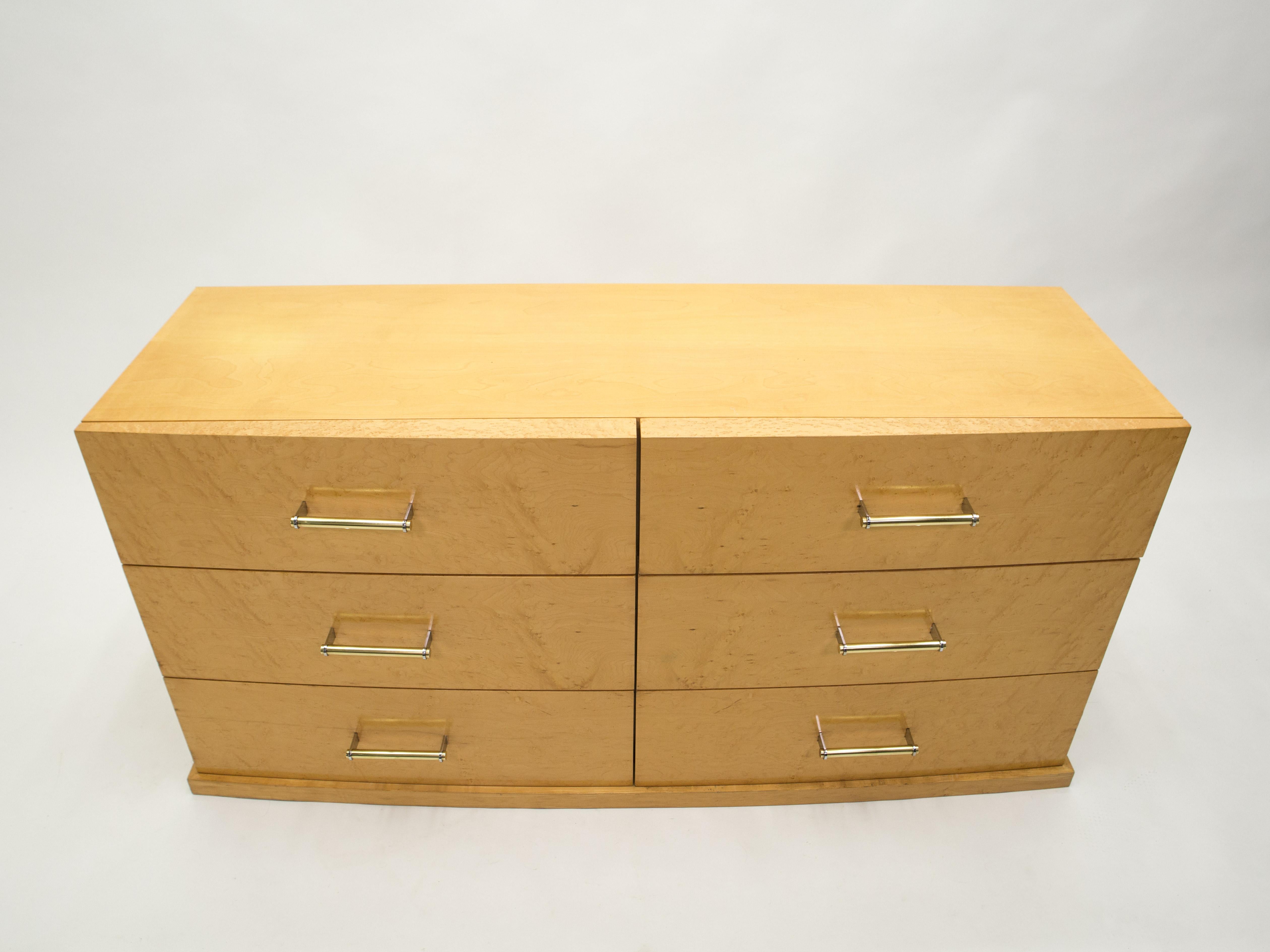 Mid-Century Modern Large French Commode Sycamore with Brass Handles, 1950s For Sale