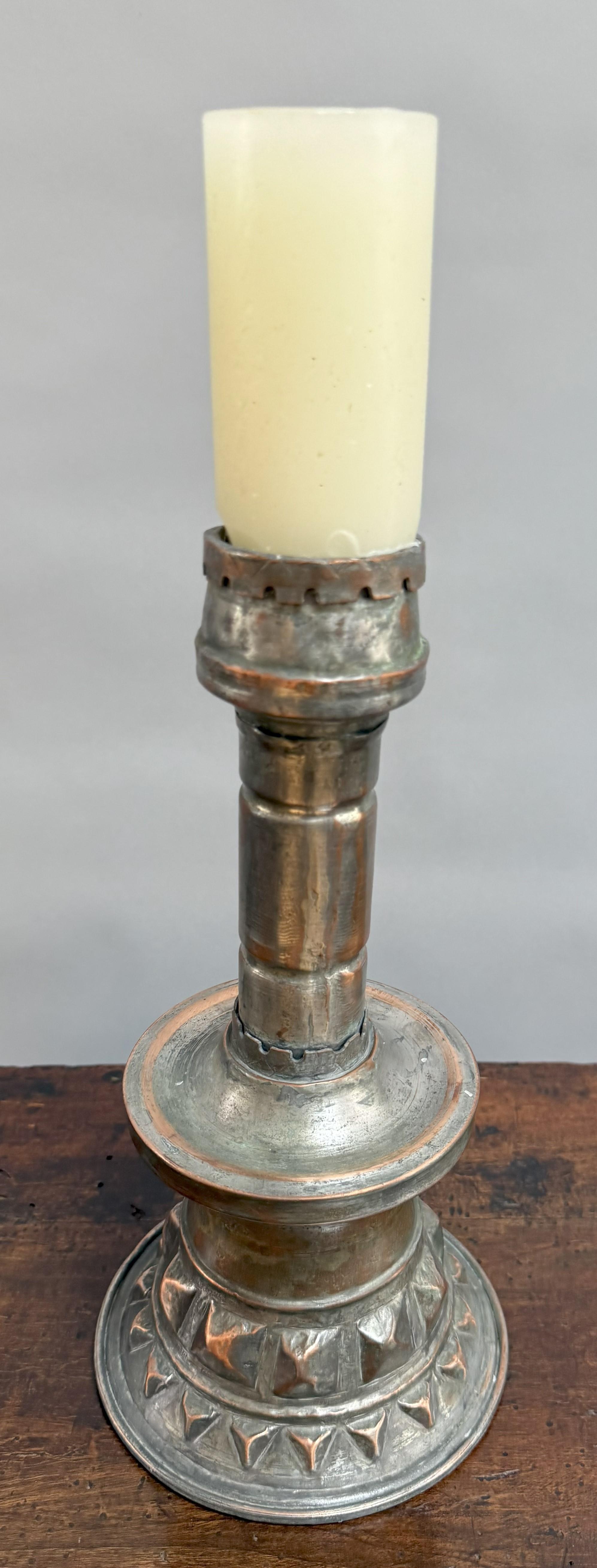 French Provincial Large French Copper Candlestick with Bold Geometric Details For Sale