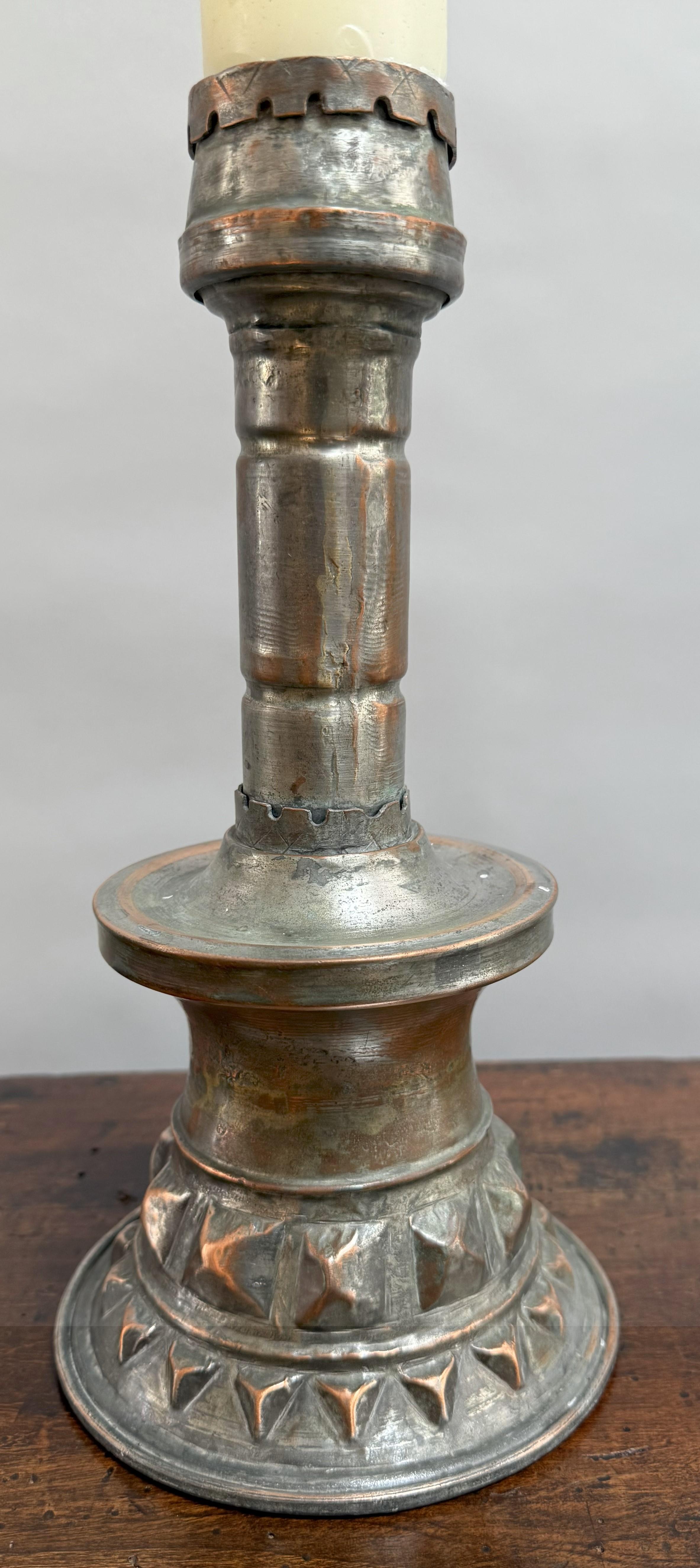 Forged Large French Copper Candlestick with Bold Geometric Details For Sale