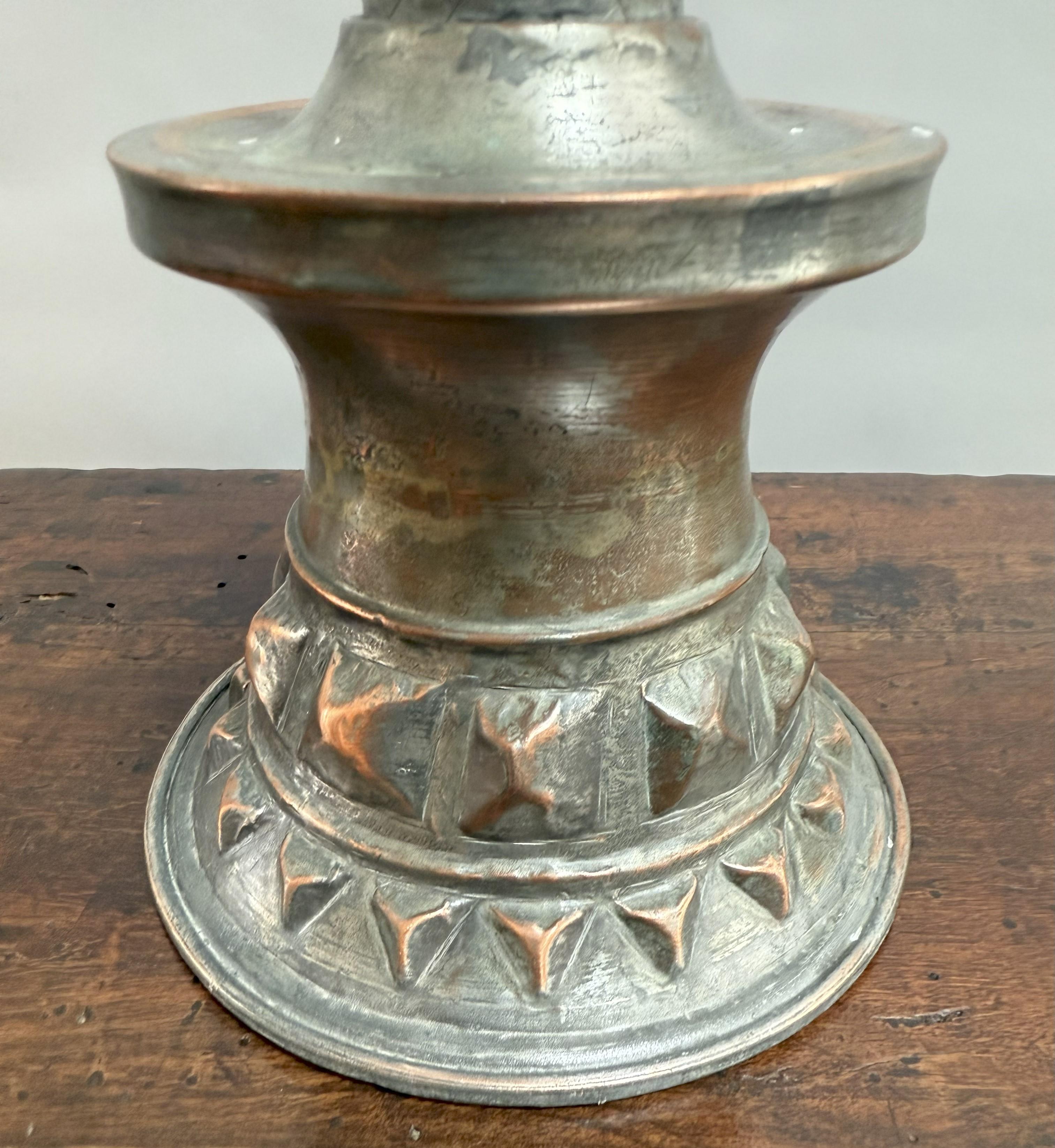 Large French Copper Candlestick with Bold Geometric Details In Good Condition For Sale In Middleburg, VA