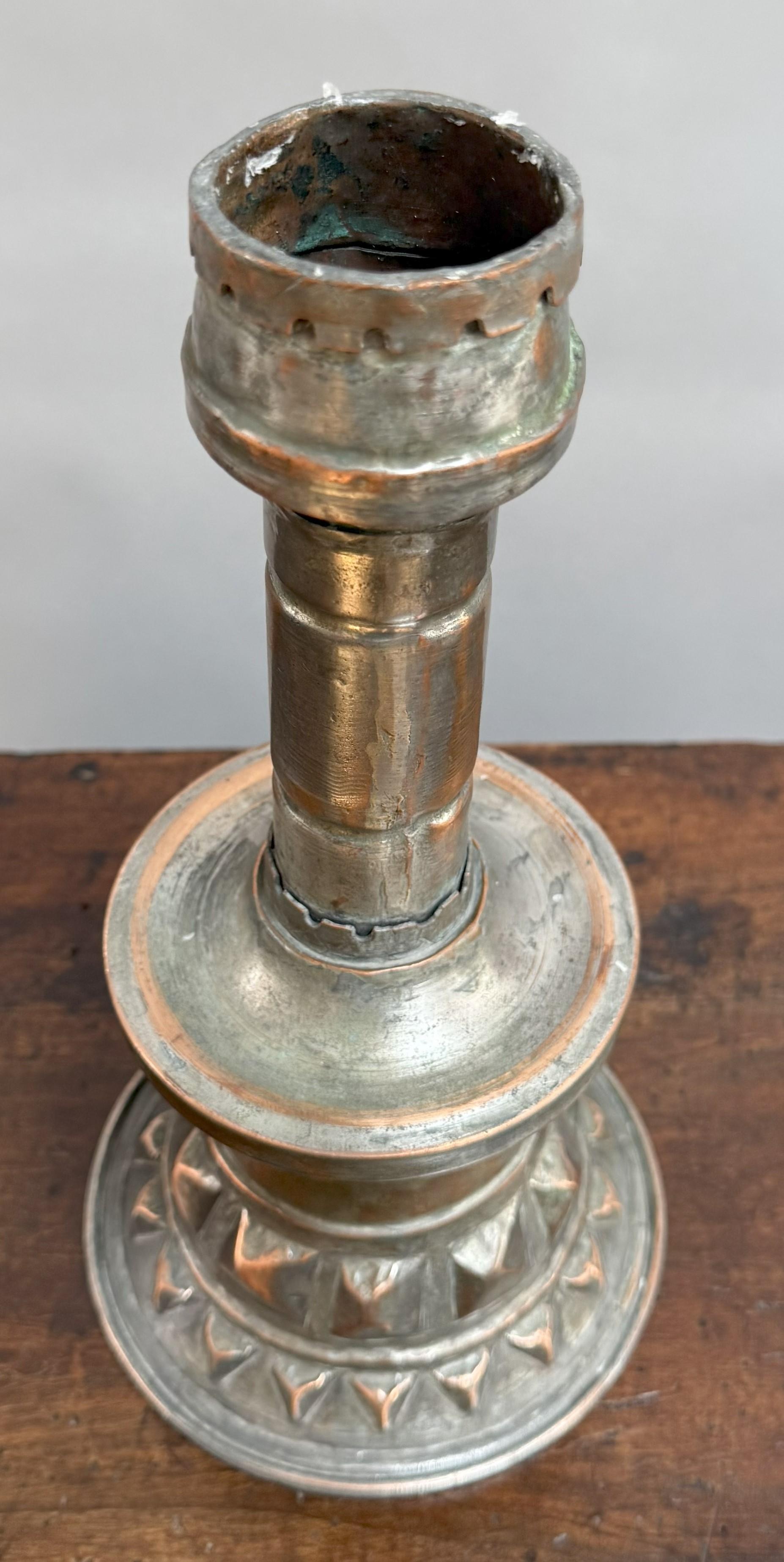 Large French Copper Candlestick with Bold Geometric Details For Sale 1