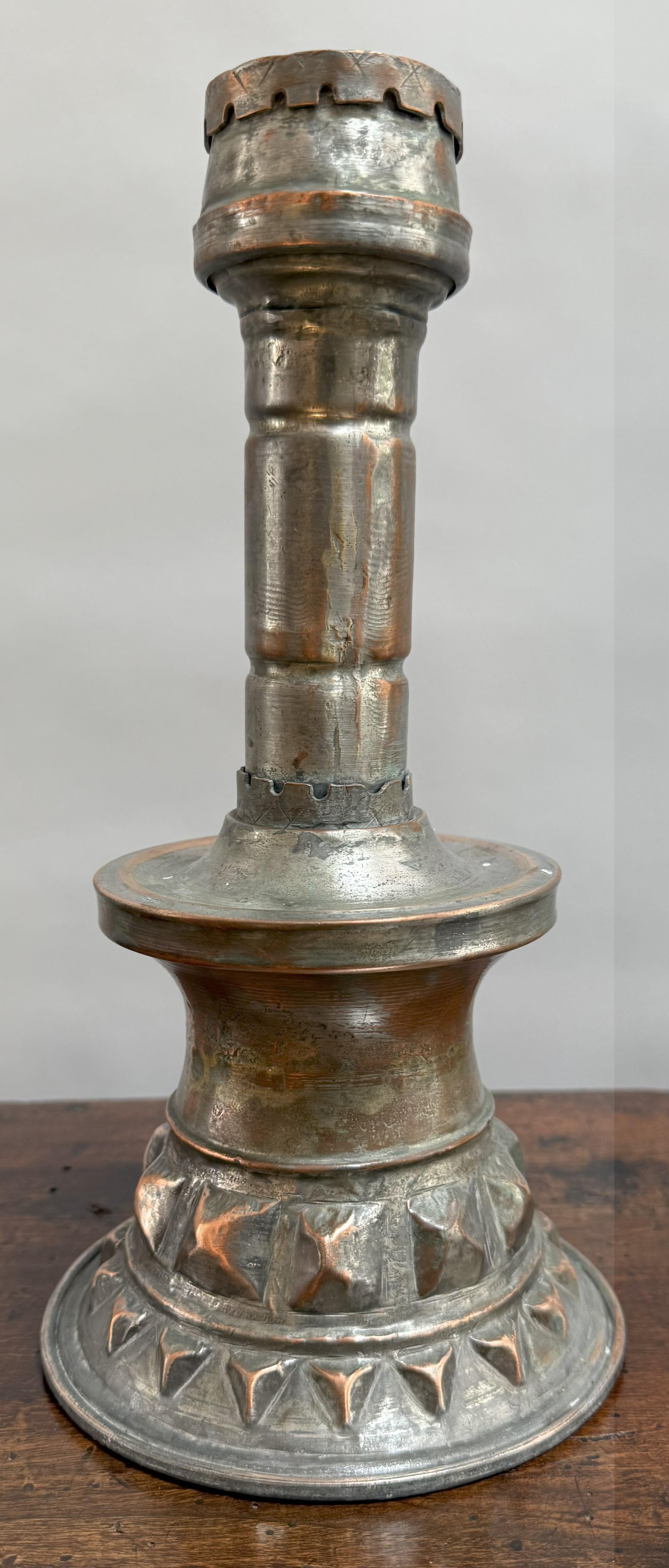 Large French Copper Candlestick with Bold Geometric Details For Sale 2