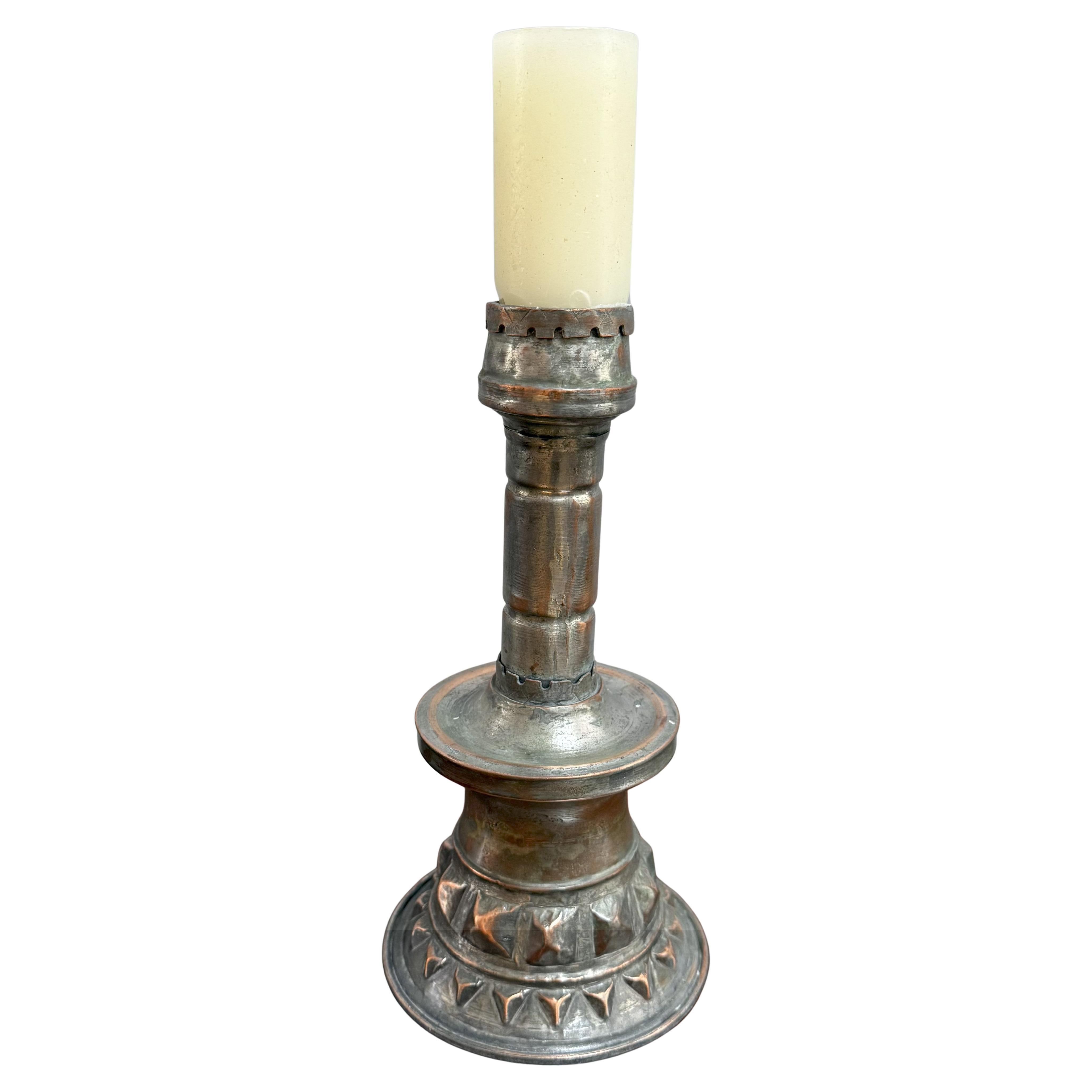 Large French Copper Candlestick with Bold Geometric Details For Sale