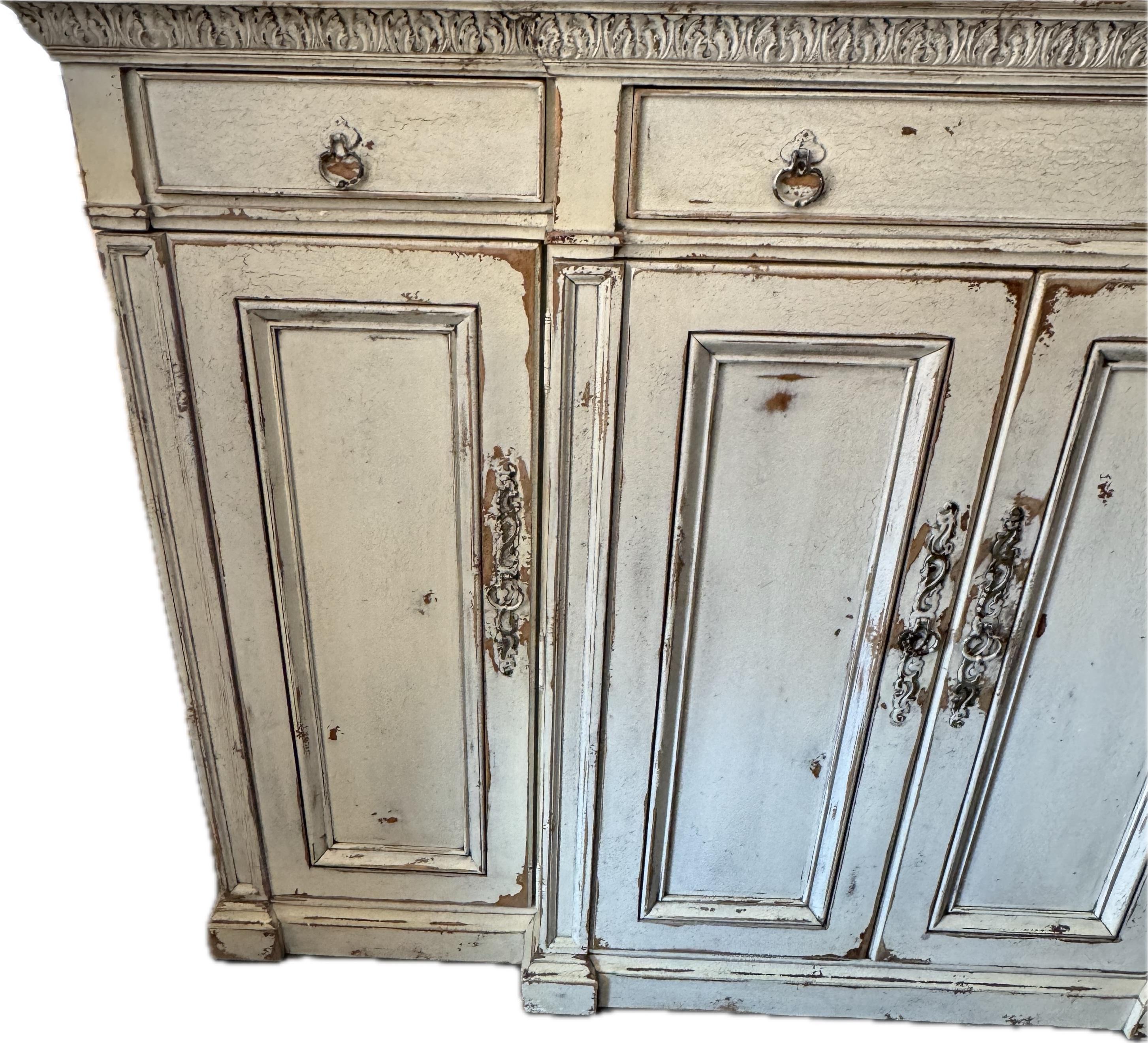 Hand-Carved Large French Cream Painted Sideboard Cabinet By Habersham  For Sale