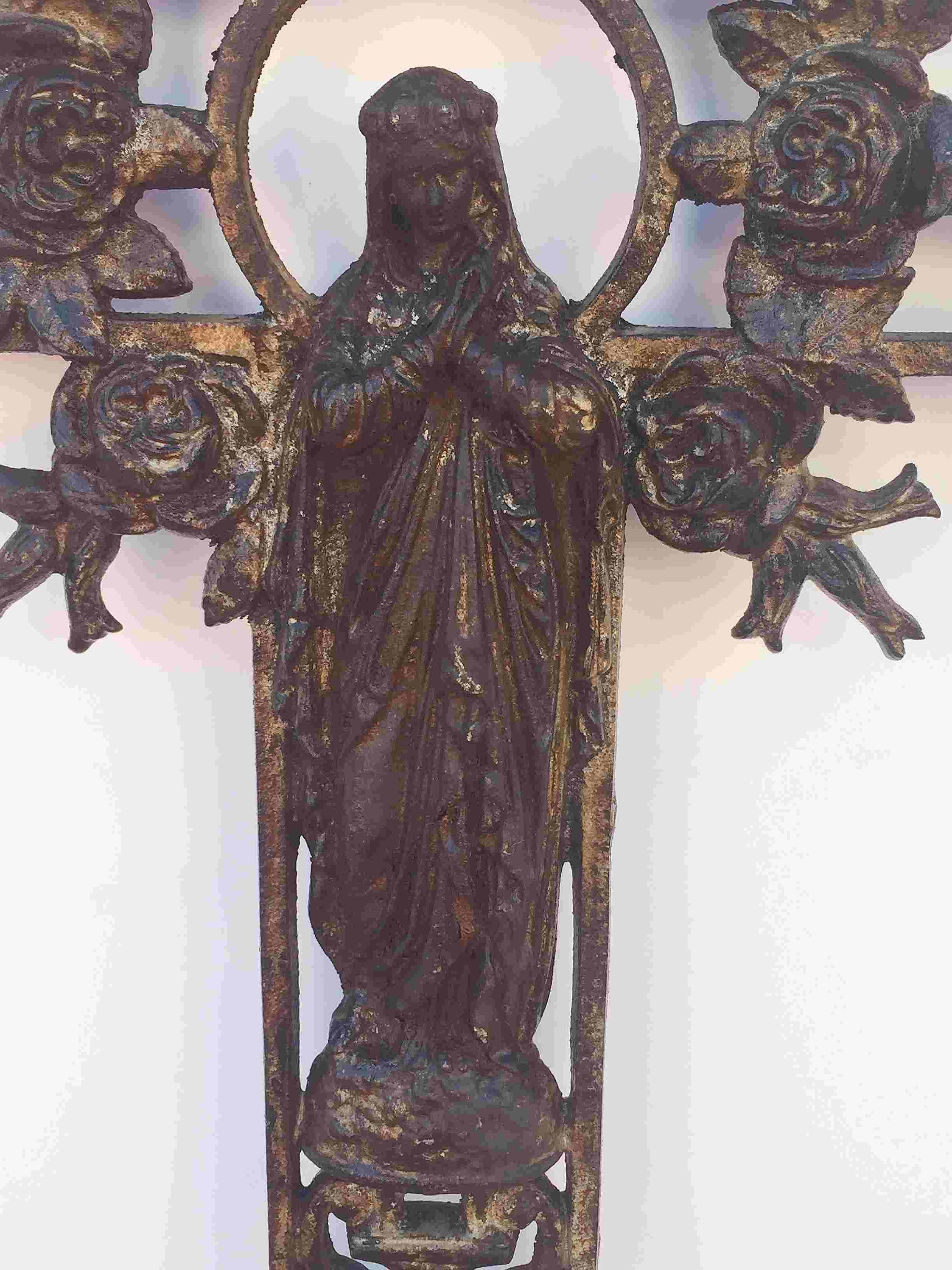 Large French Crucifix or Cross with Madonna and Angels of Cast Iron 3