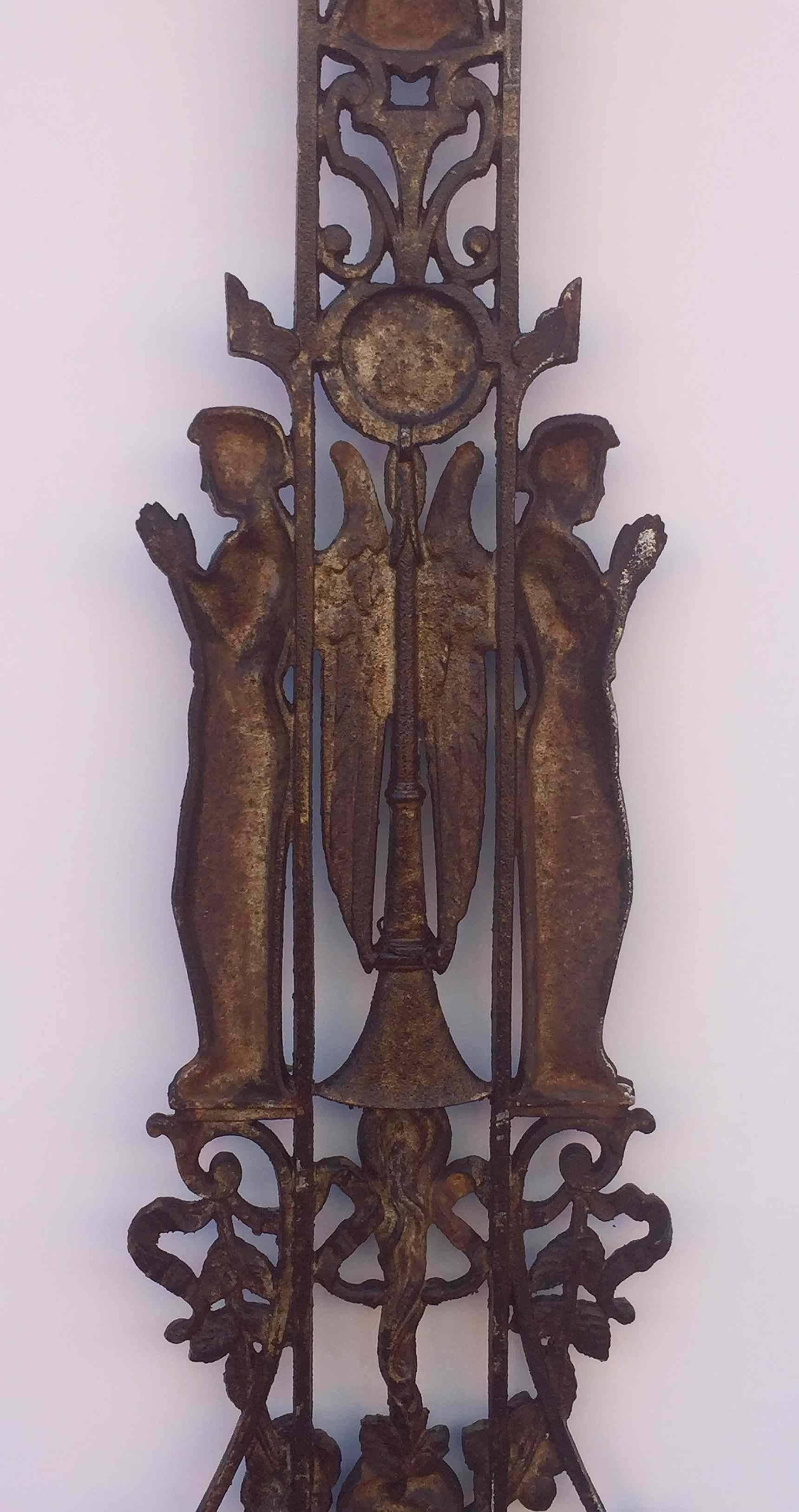 Large French Crucifix or Cross with Madonna and Angels of Cast Iron 5
