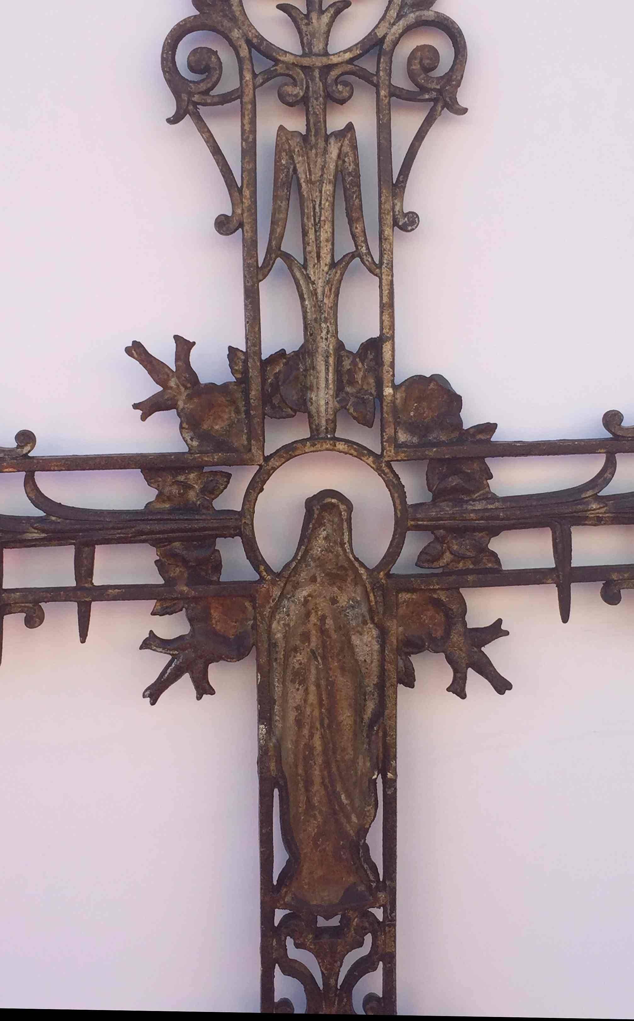 Large French Crucifix or Cross with Madonna and Angels of Cast Iron 10