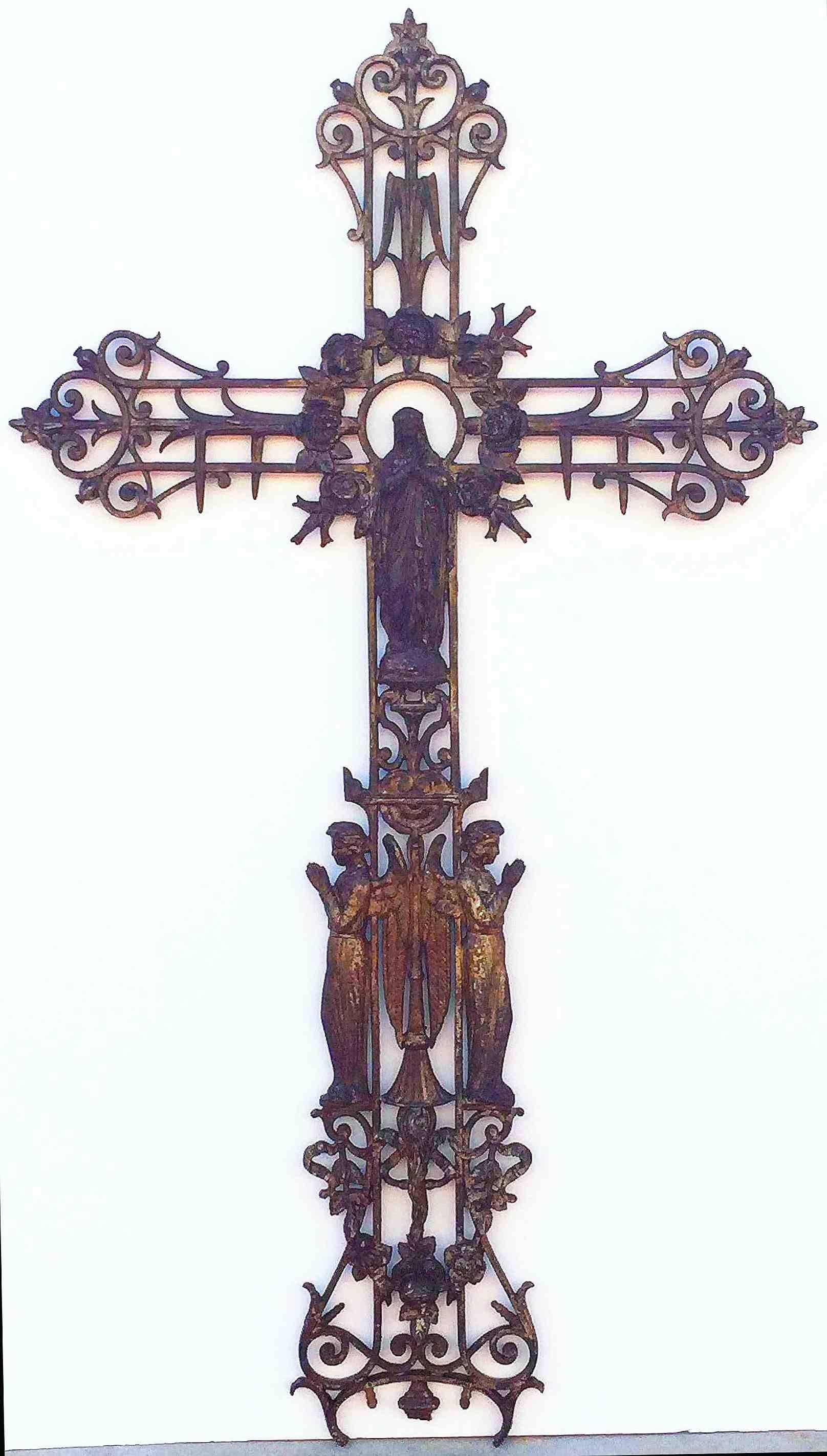 Large French Crucifix or Cross with Madonna and Angels of Cast Iron 11