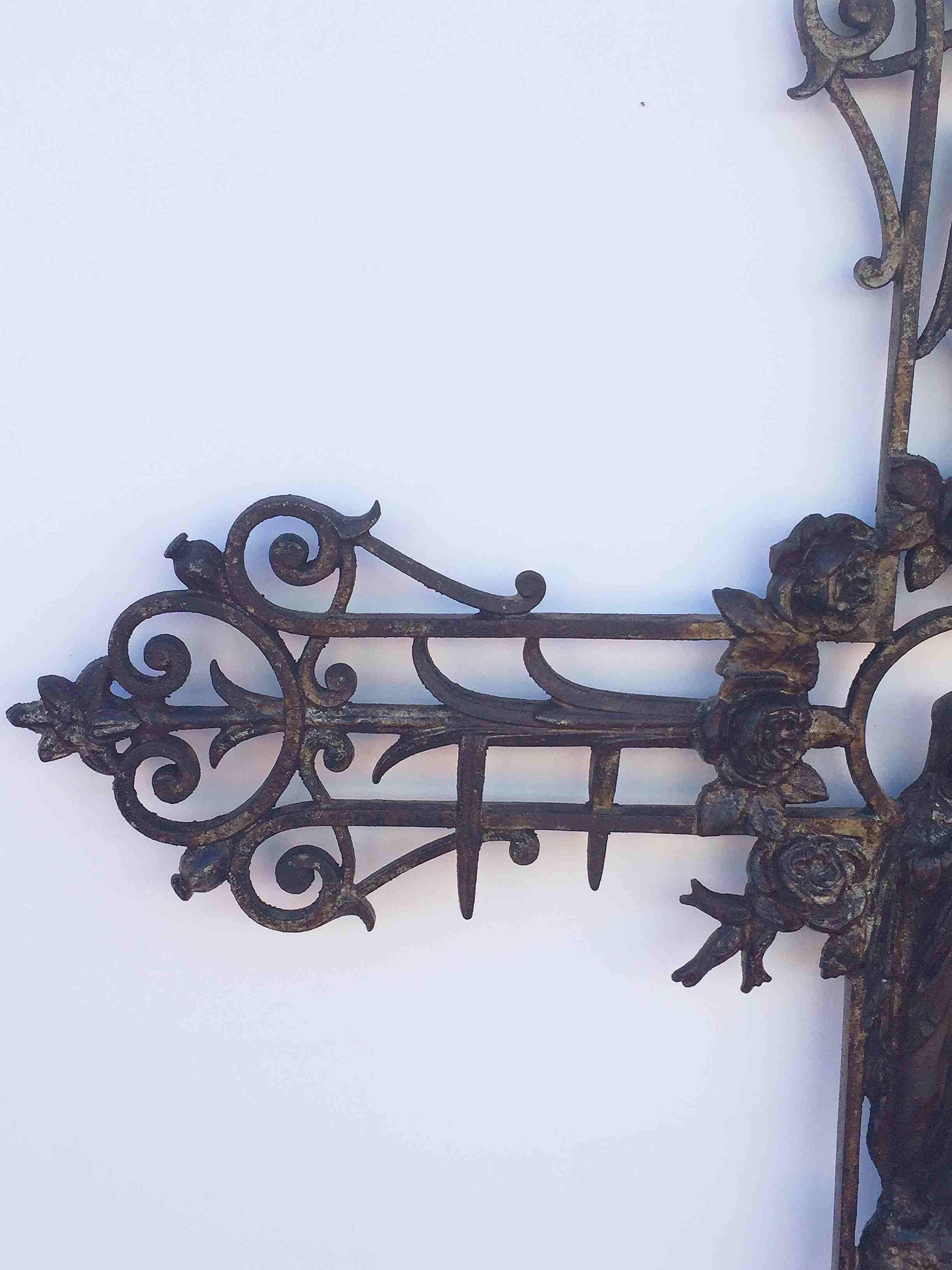 Large French Crucifix or Cross with Madonna and Angels of Cast Iron In Excellent Condition In Austin, TX