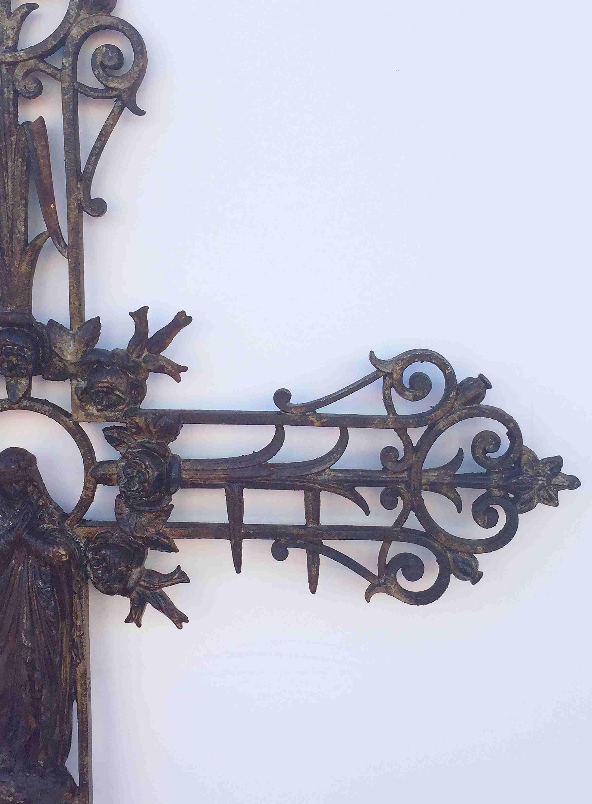 19th Century Large French Crucifix or Cross with Madonna and Angels of Cast Iron