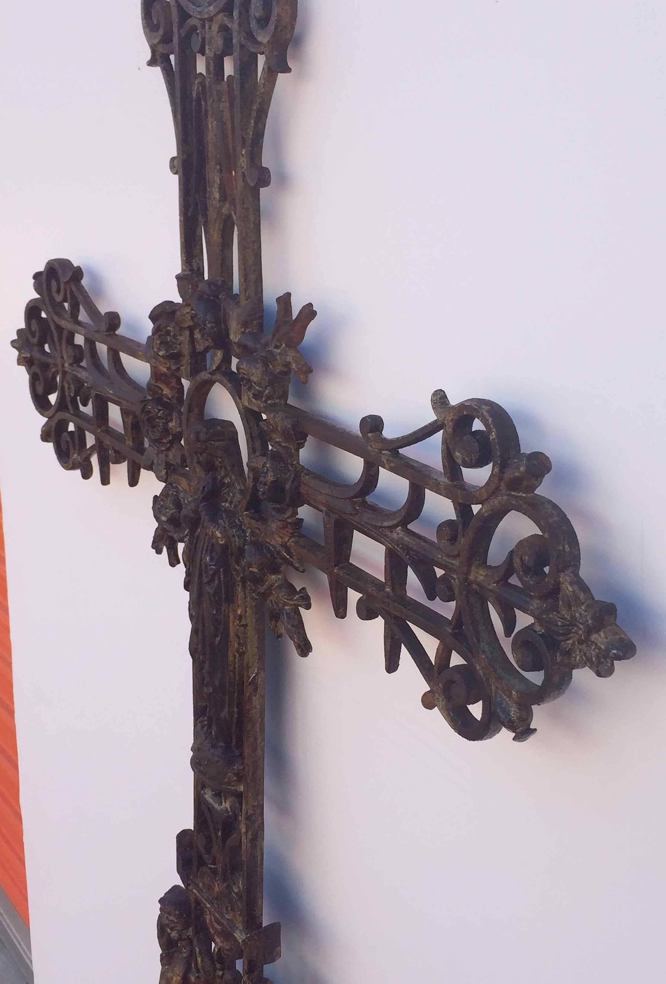 Large French Crucifix or Cross with Madonna and Angels of Cast Iron 1