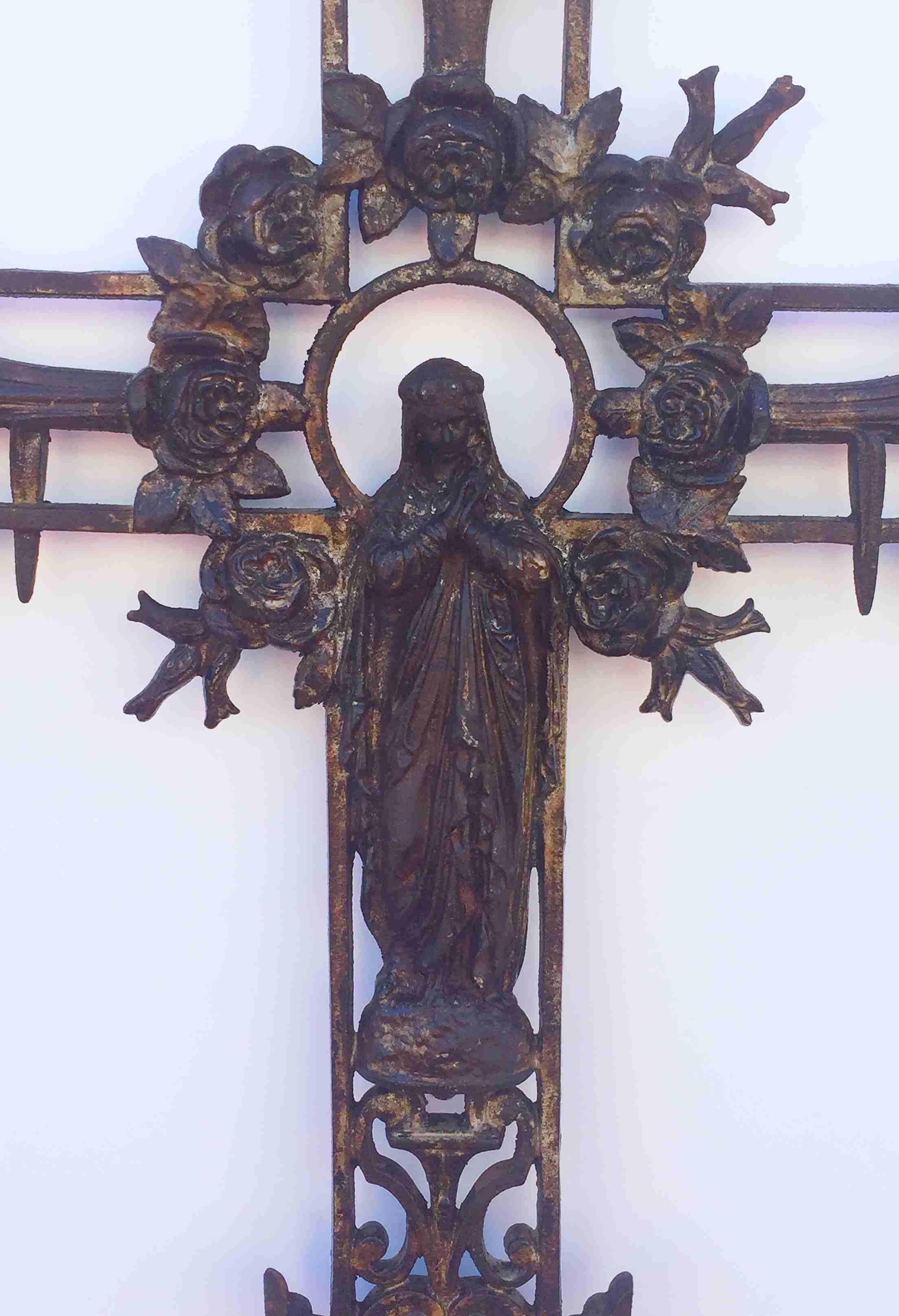 Large French Crucifix or Cross with Madonna and Angels of Cast Iron 2