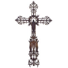Large French Crucifix or Cross with Madonna and Angels of Cast Iron