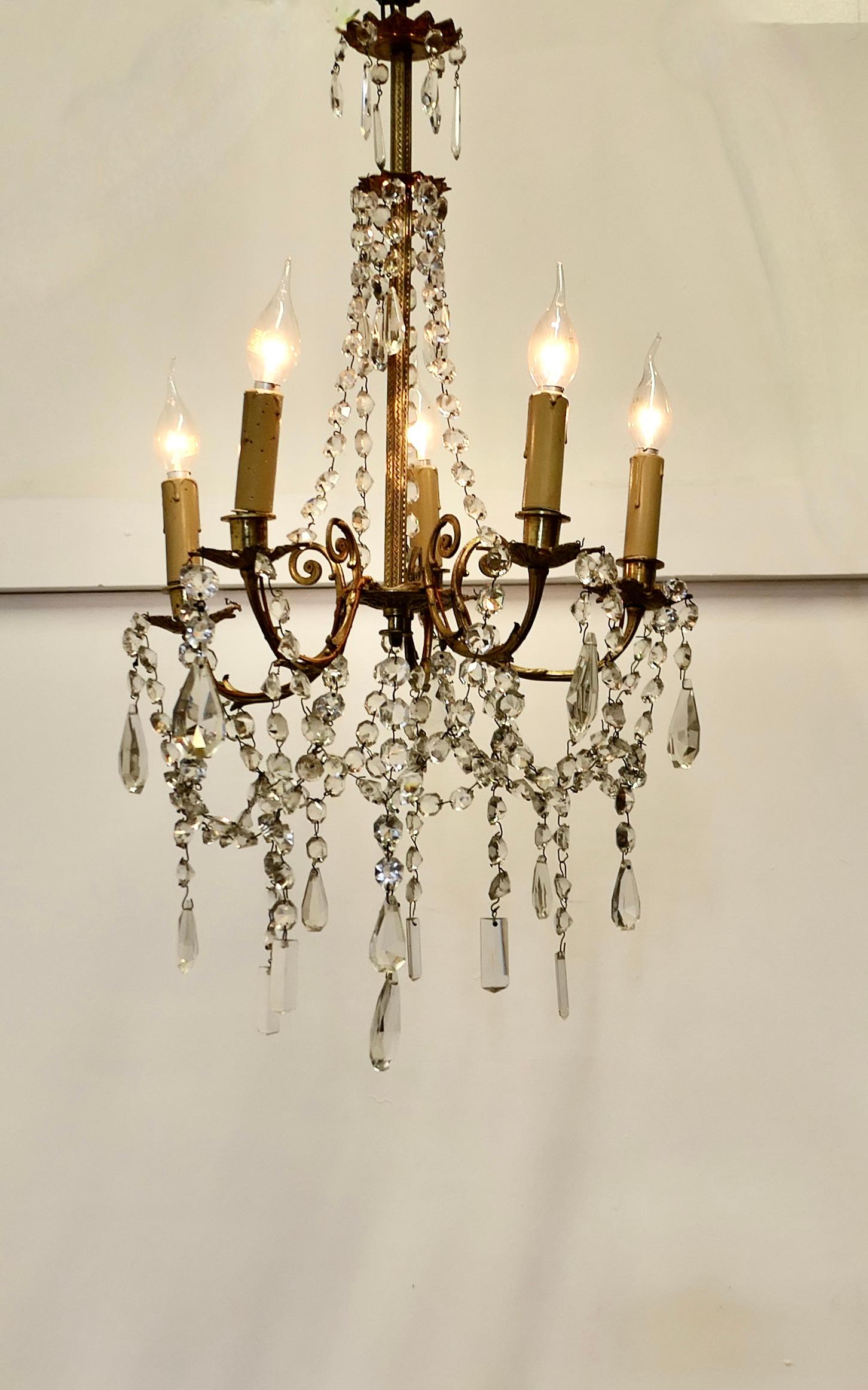 French Provincial Large French Crystal and Brass 5 Branch Chandelier    For Sale