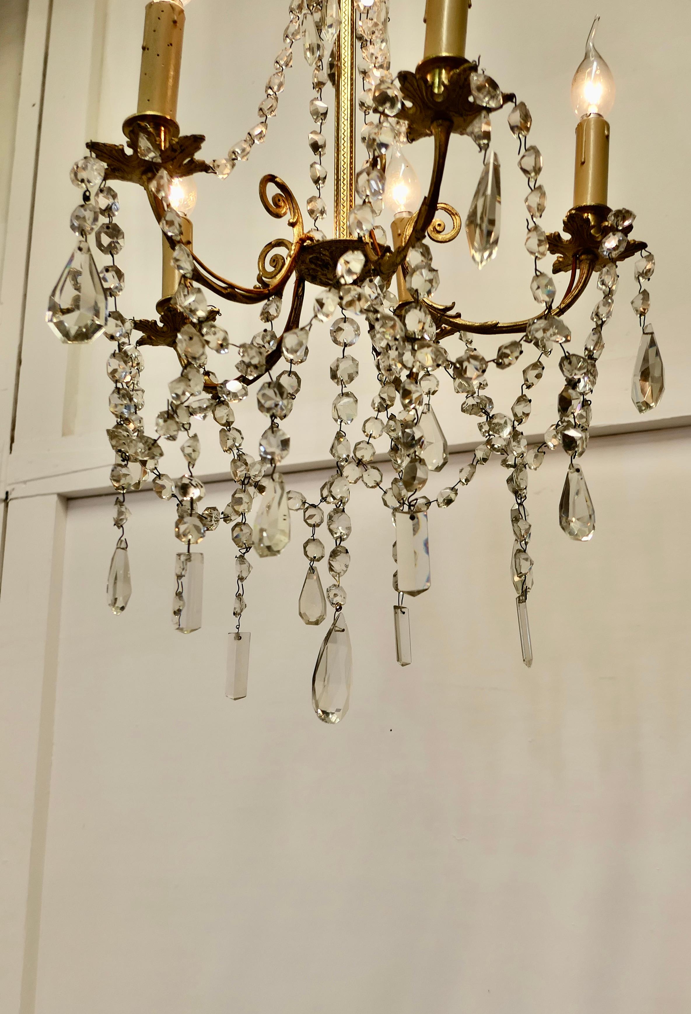 Large French Crystal and Brass 5 Branch Chandelier    For Sale 1