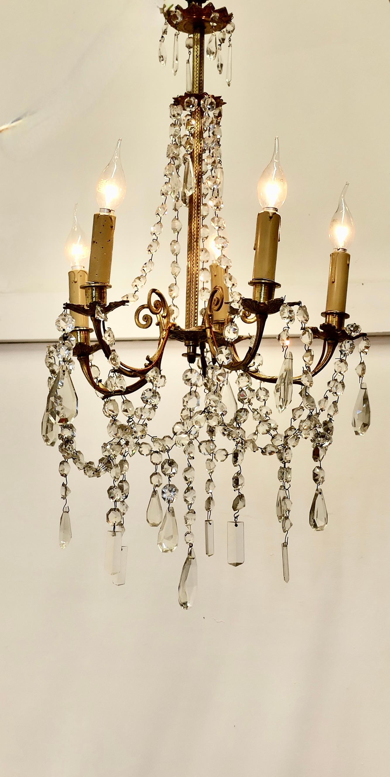 Large French Crystal and Brass 5 Branch Chandelier    For Sale 2