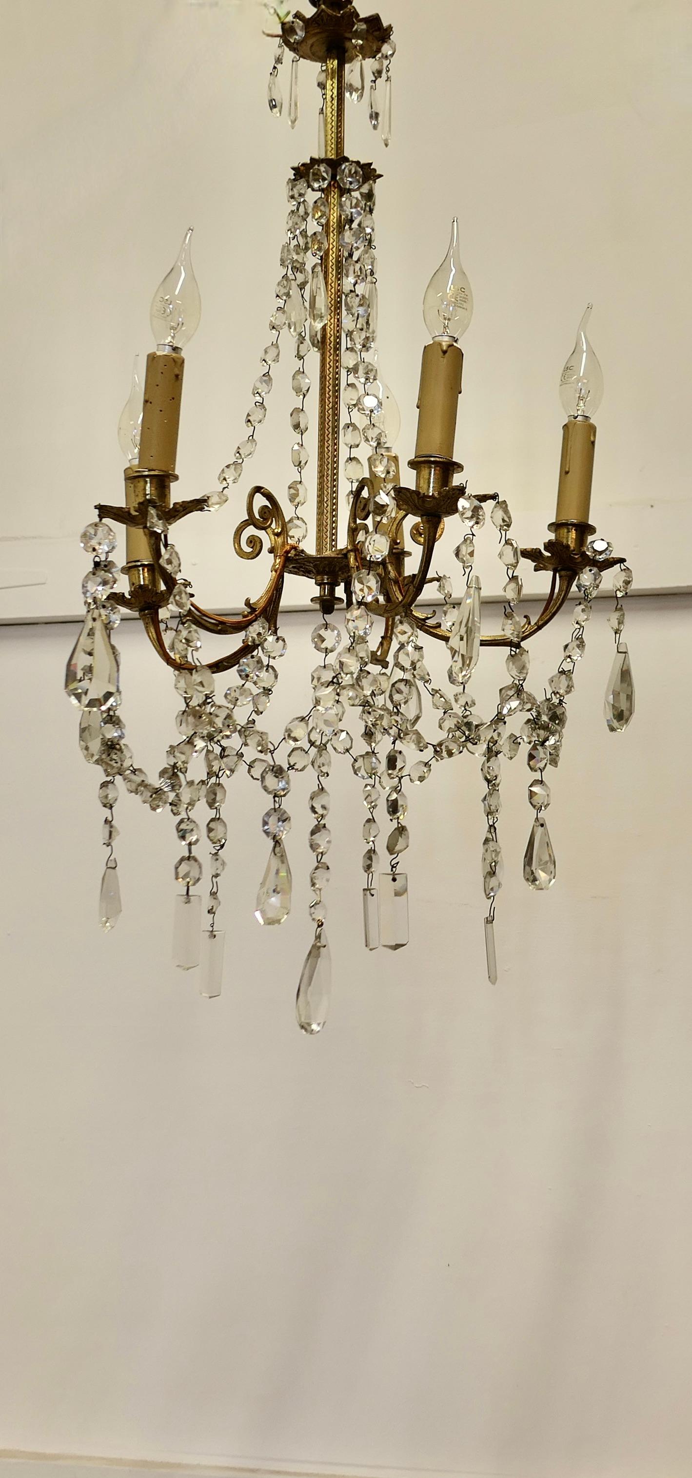 Large French Crystal and Brass 5 Branch Chandelier    For Sale 3