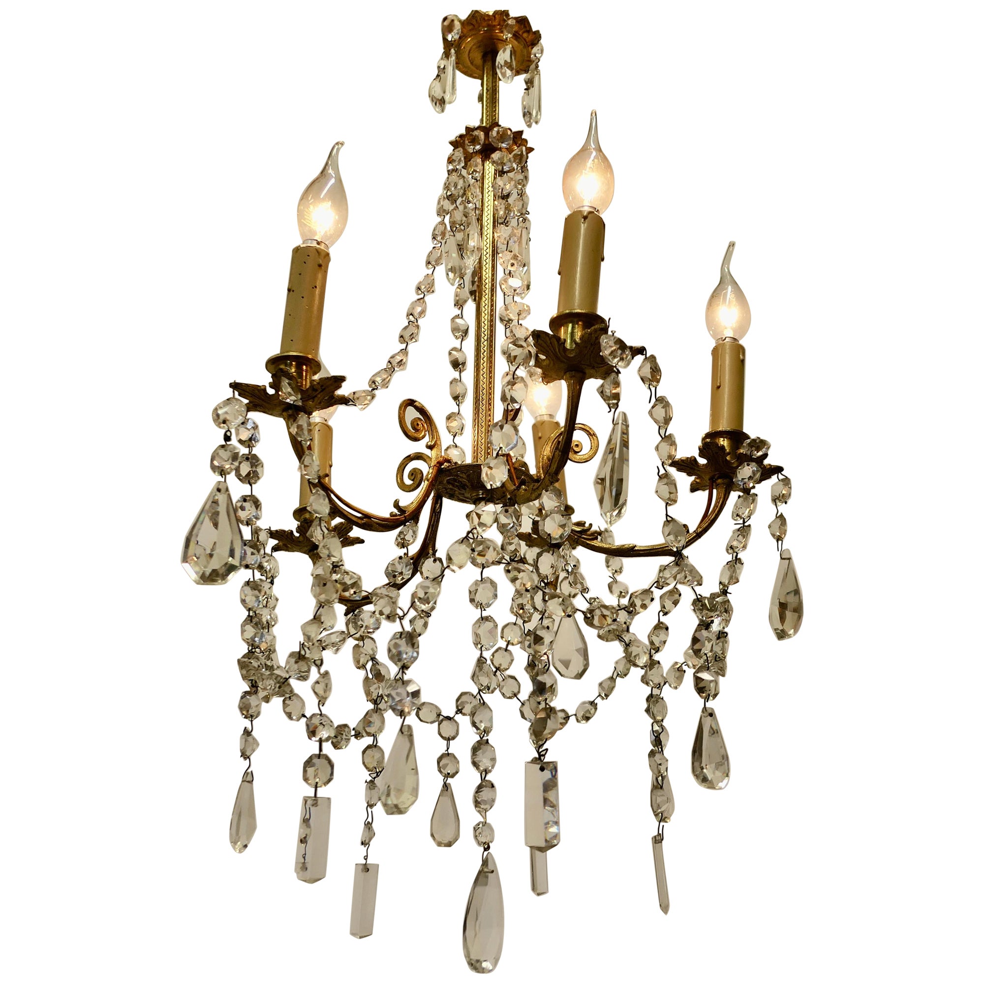 Grand lustre français en cristal et laiton à 5 branches