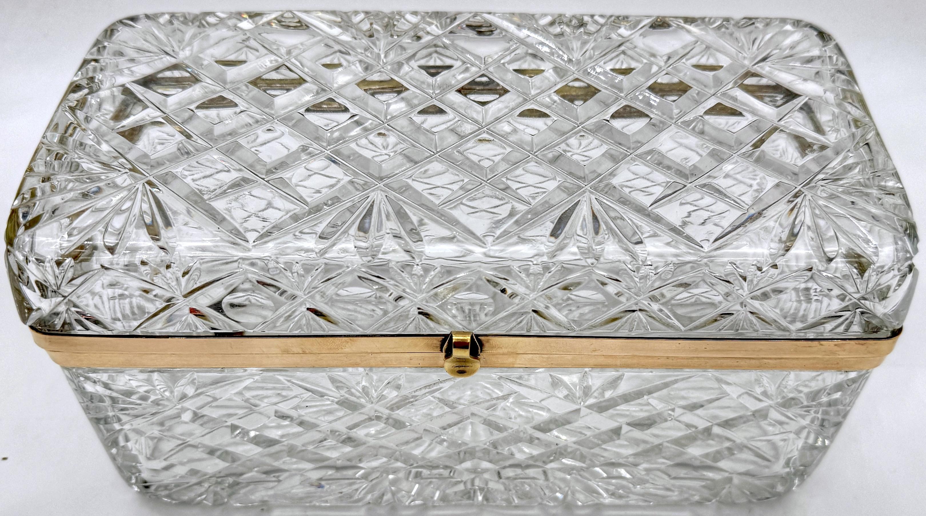Gilt Large French Cut Crystal Rectangular Table Box, Attributed to Baccarat For Sale