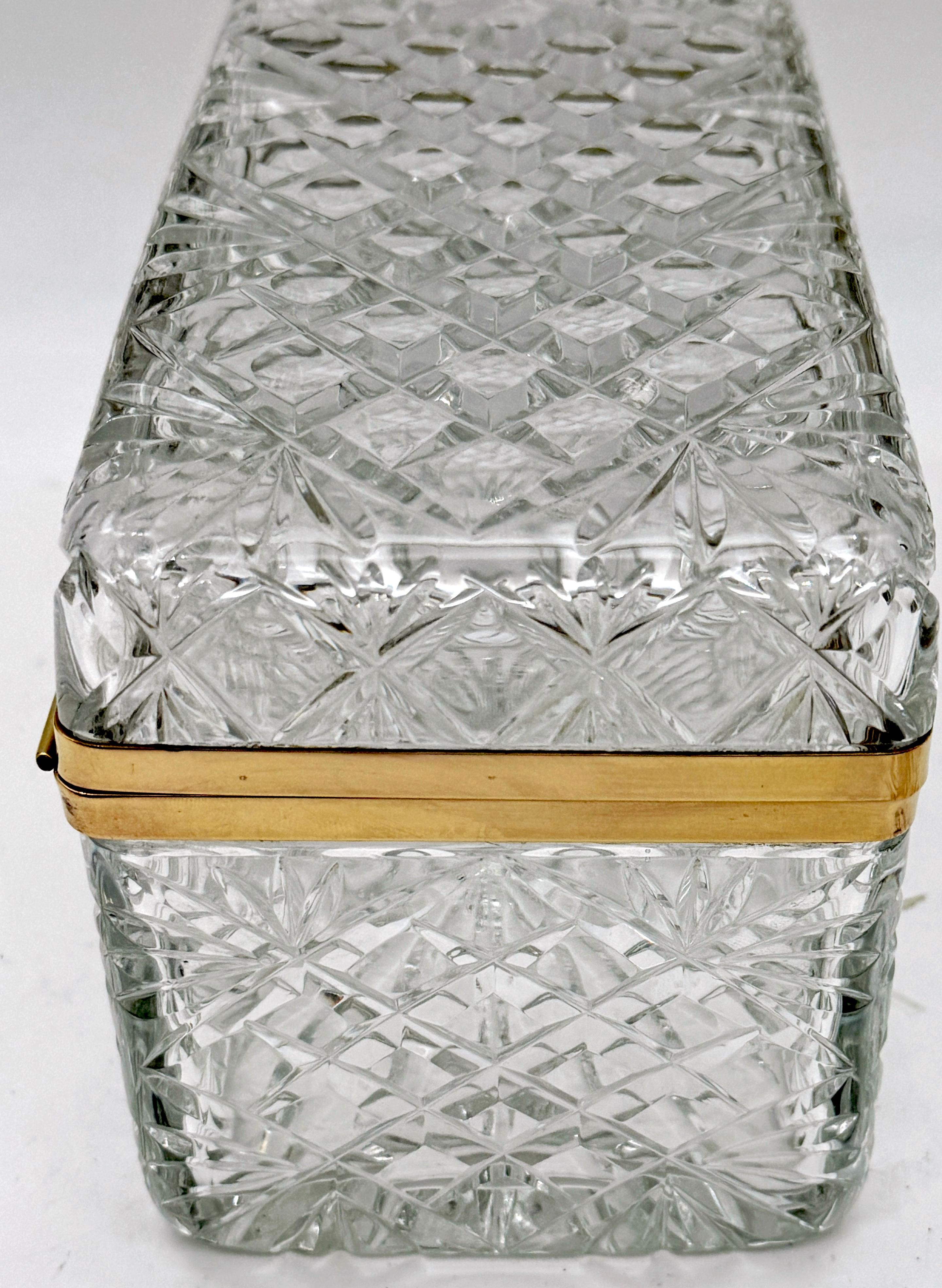 Brass Large French Cut Crystal Rectangular Table Box, Attributed to Baccarat For Sale