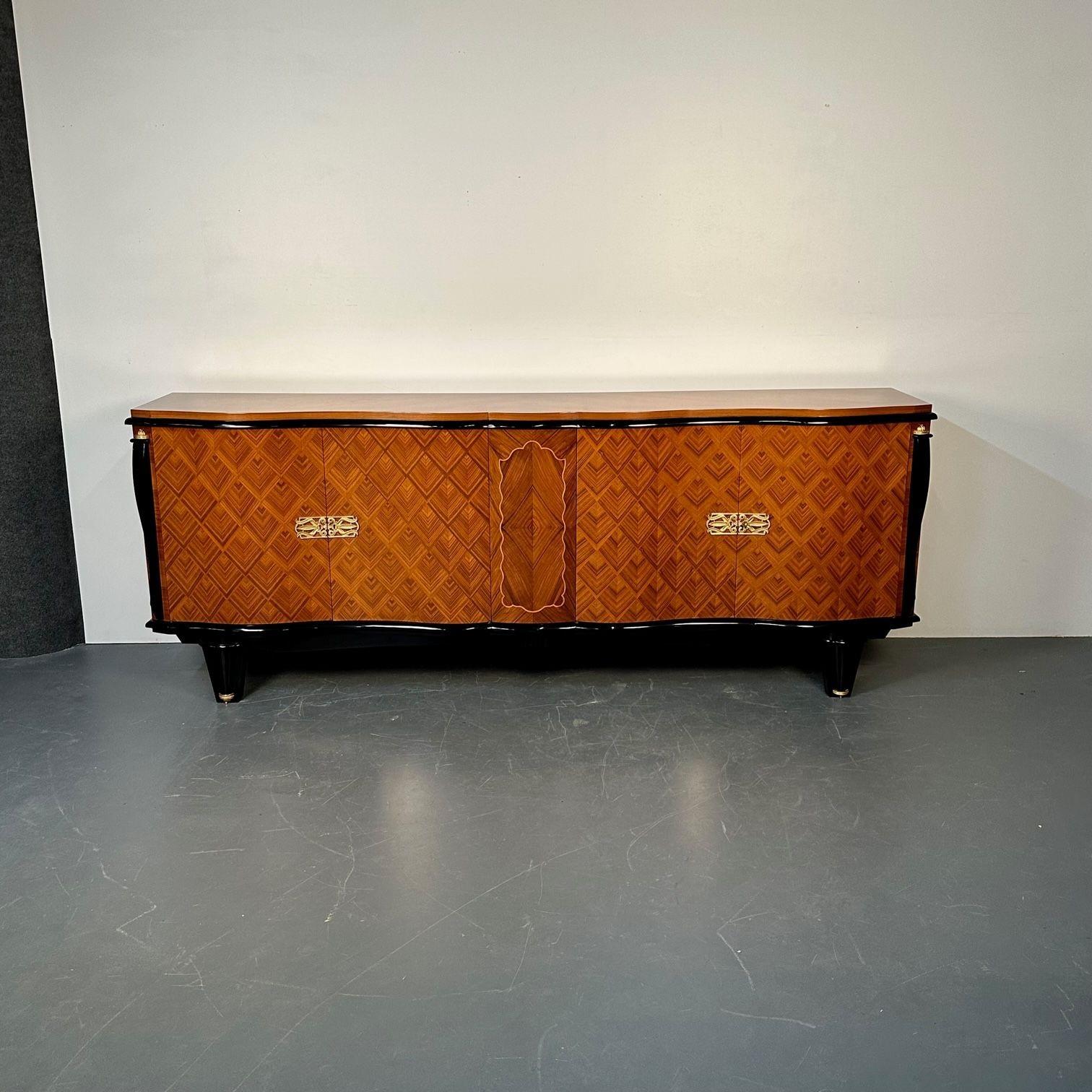 Large French Deco Marquetry Sideboard, Buffet, Rosewood, Walnut, Marquetry In Good Condition For Sale In Stamford, CT