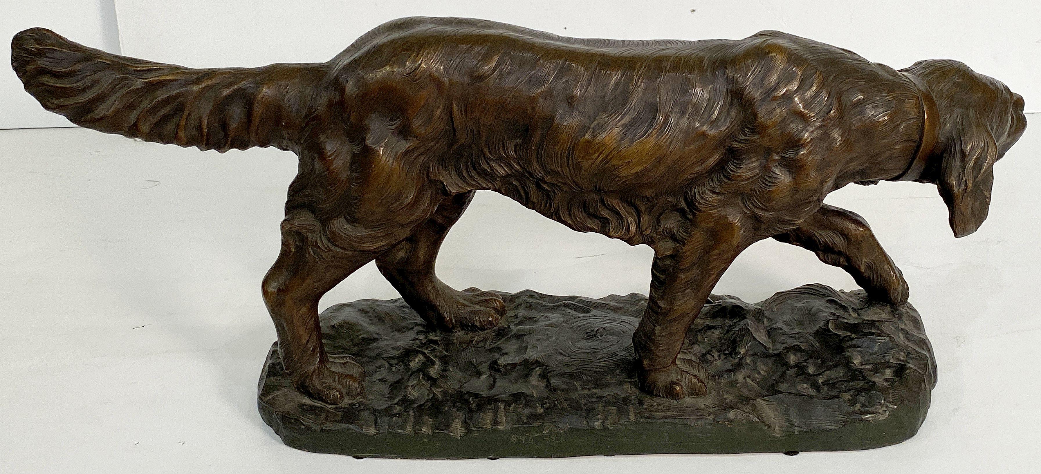 A handsome French dog sculpture in a stylish standing pose on a pedestal base, of glazed earthenware pottery. Pottery mark on base.

Dimensions are

H 13 1/2 inches
W 33 inches
D 10 inches

Pedestal base measures 23 inches x 8 1/2 inches.