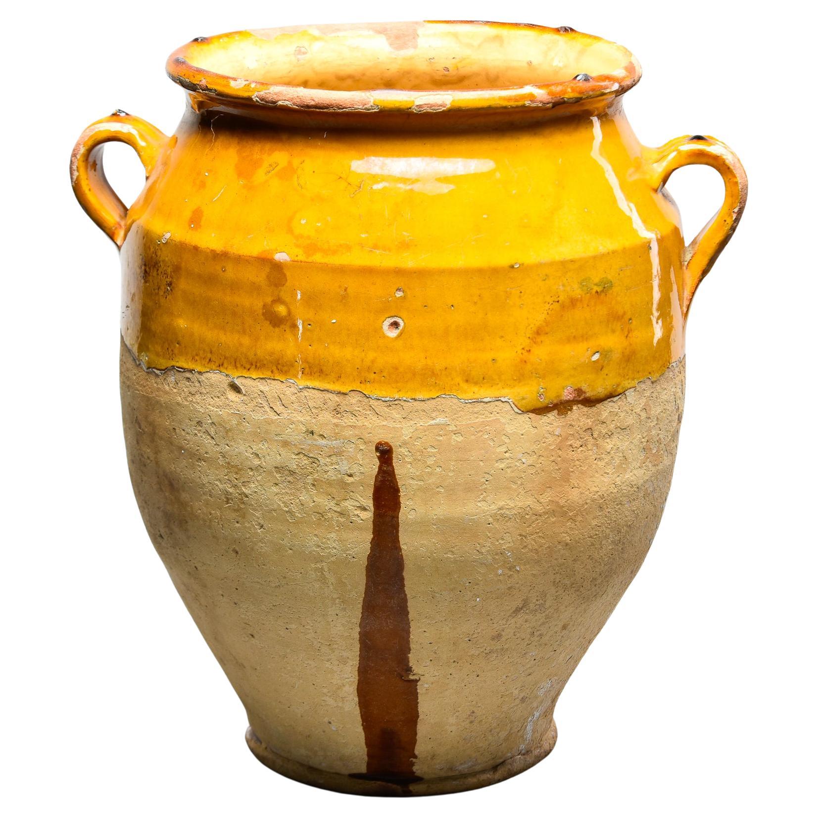 Large French Early 20th C Yellow Confit Jar For Sale
