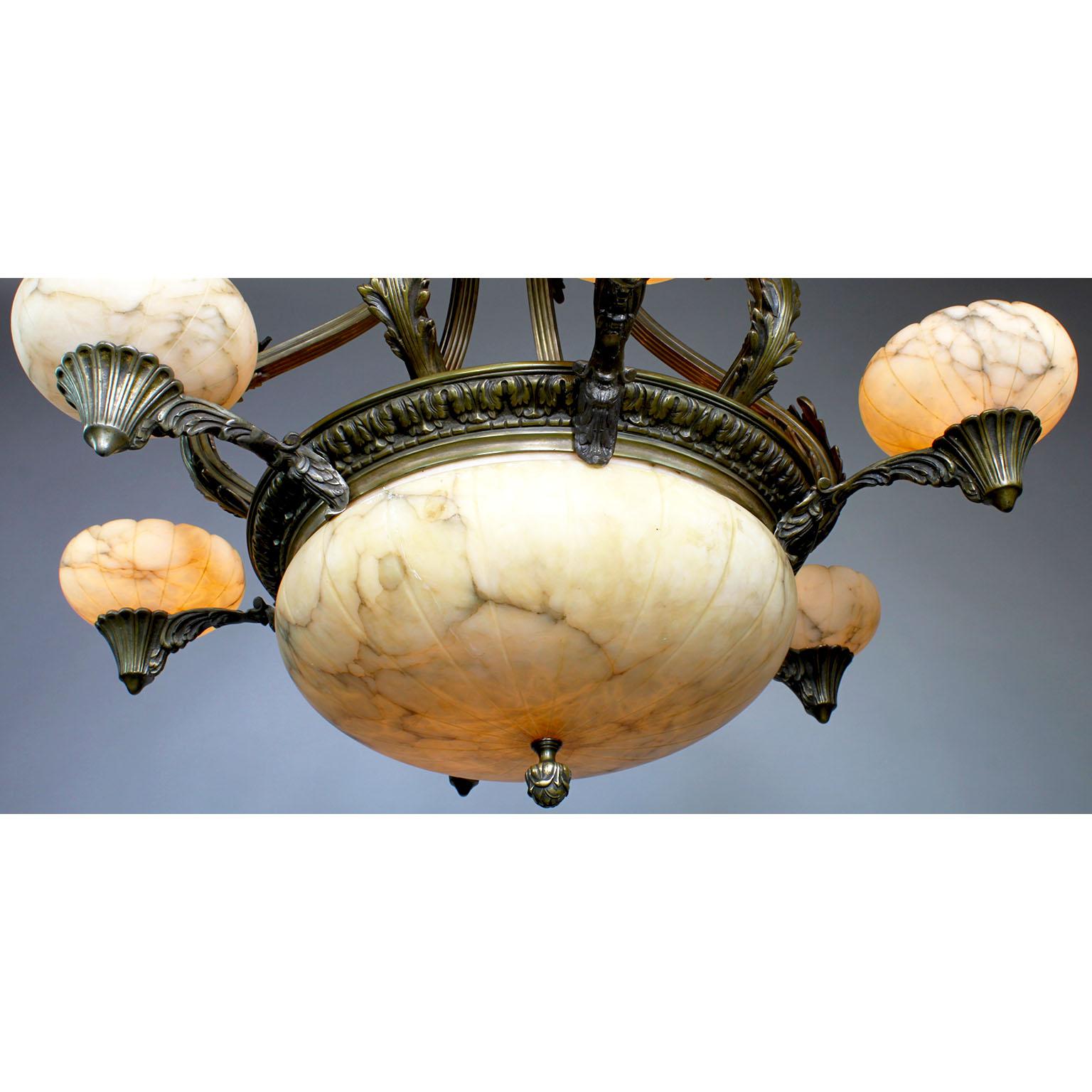 Art Deco Large French Early 20th Century Art-Deco Bronze and Carved Alabaster Chandelier For Sale