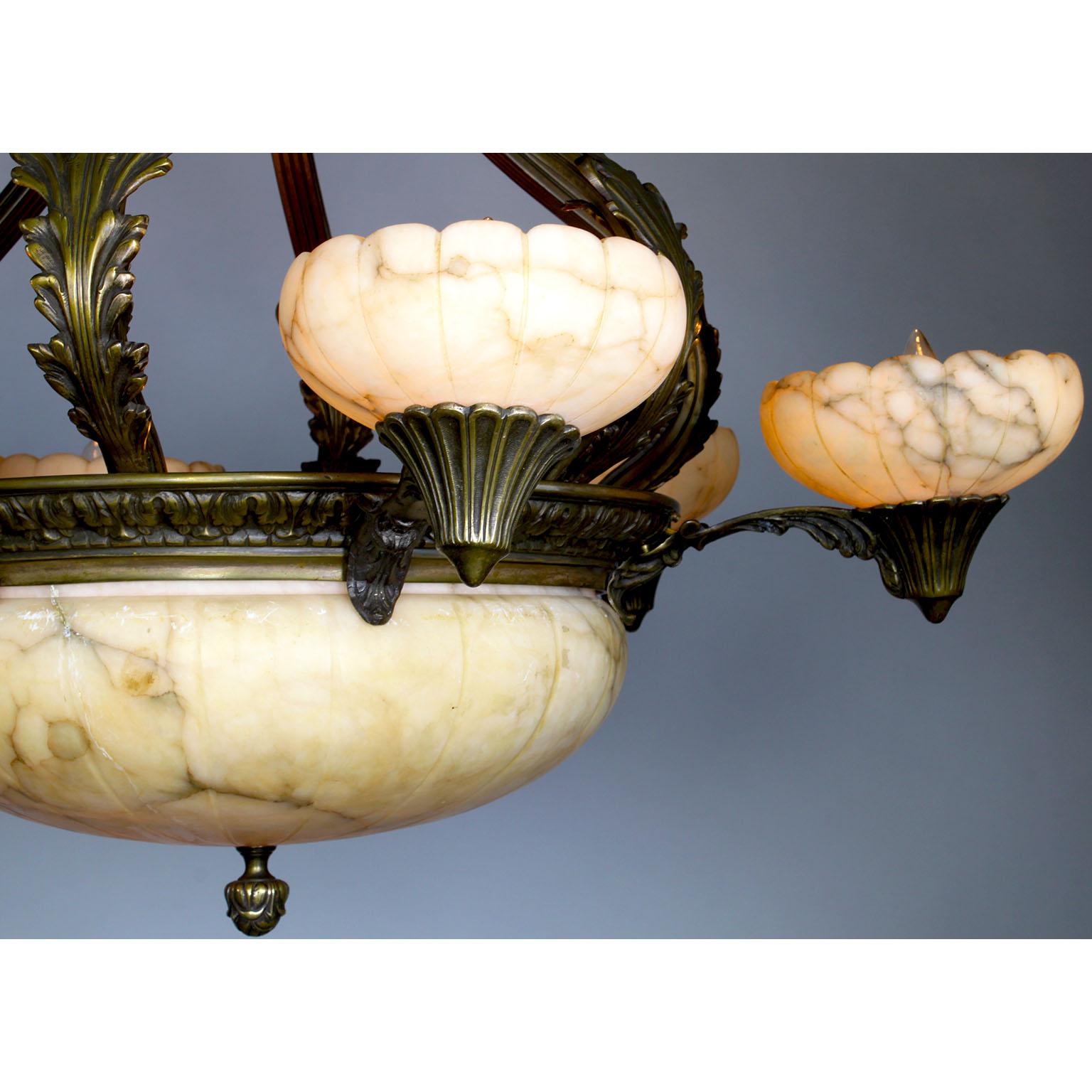 Large French Early 20th Century Art-Deco Bronze and Carved Alabaster Chandelier In Fair Condition For Sale In Los Angeles, CA