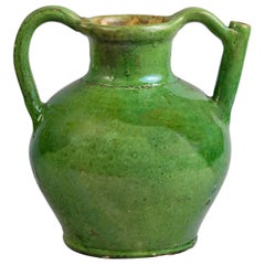 Large French Early 20th Century Green Pot with Spout Handle