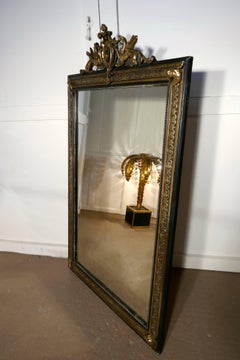 Large French Ebonized, Brass and Gilt Wall Mirror, Dragons and Crest