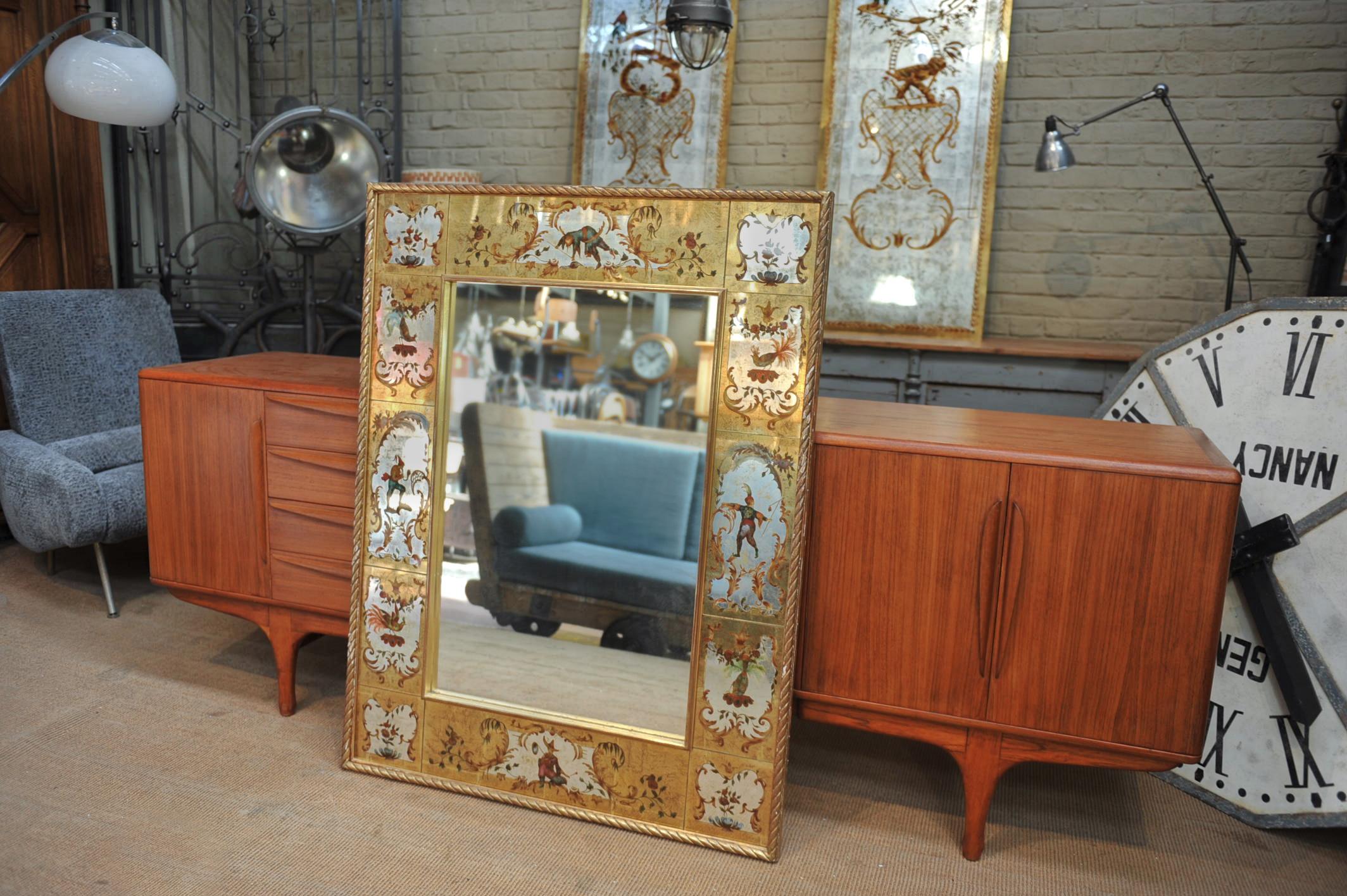 Mid-20th Century Large French Églomisé Glass and Gilt Wood  Mirror, 1940s