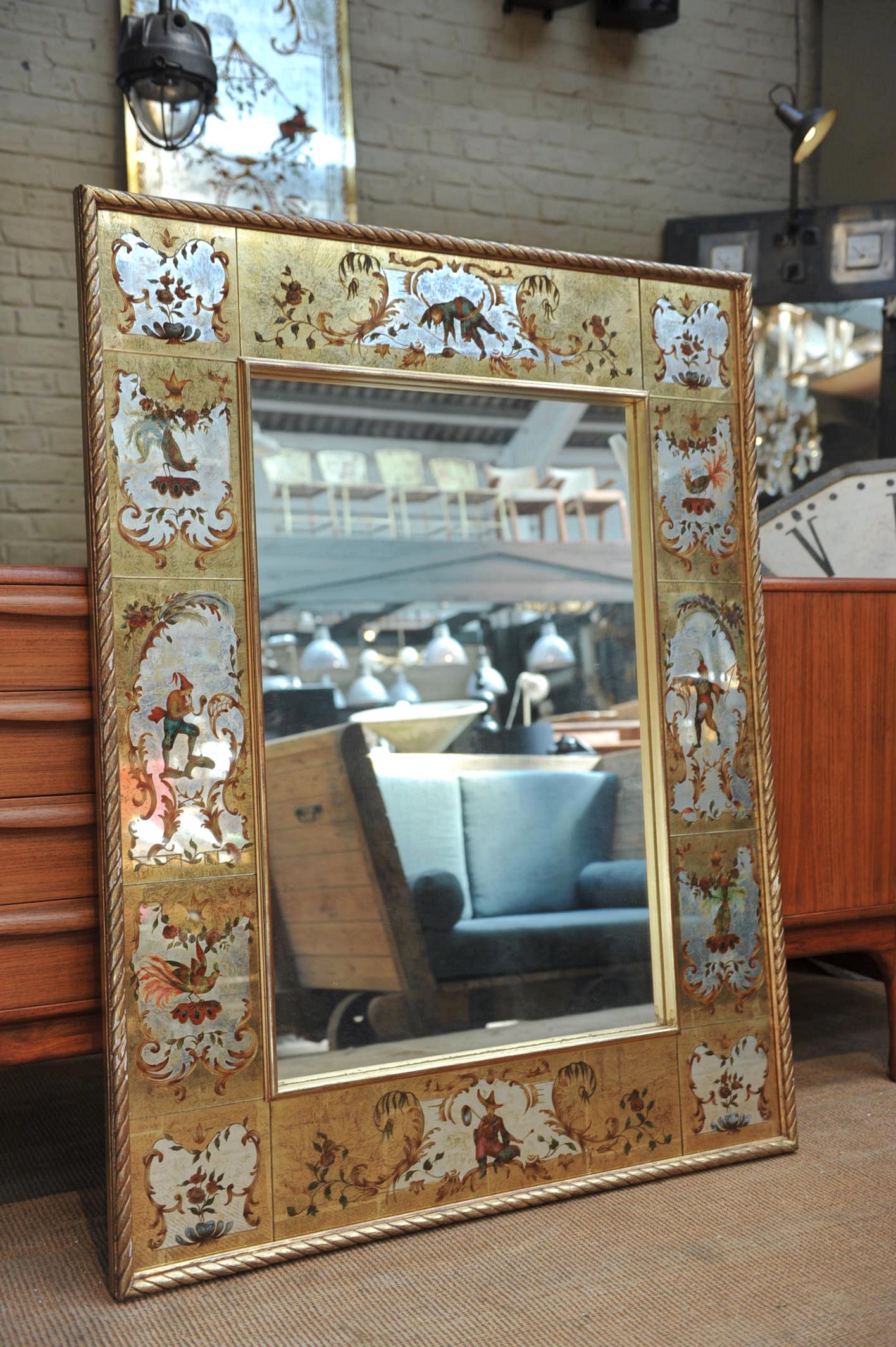 Large French Églomisé Glass and Gilt Wood  Mirror, 1940s 4