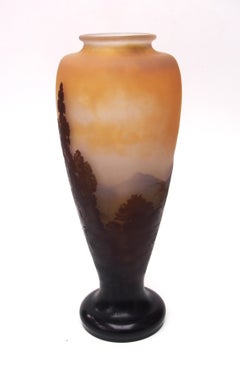 Large French Emile Galle Cameo Glass Blue Mountain and Lake Landscape Vase c1925