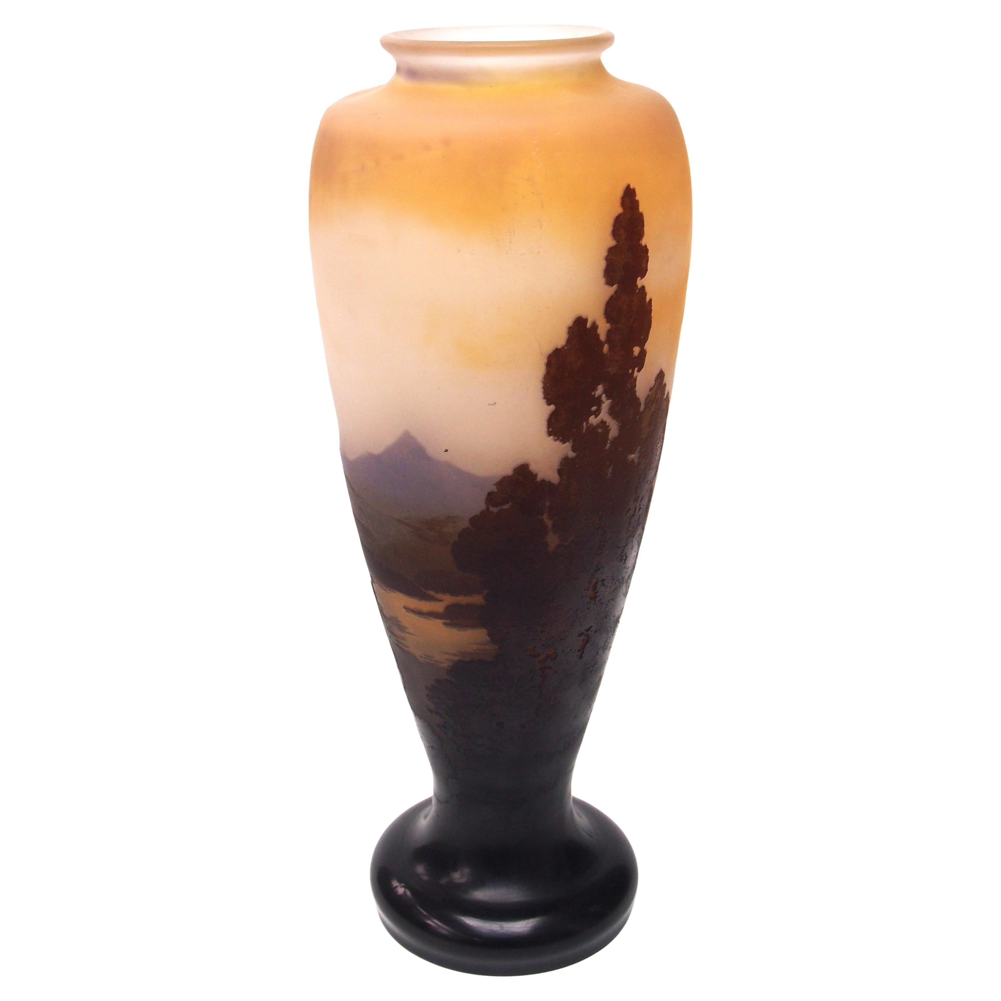 Large French Emile Galle Cameo Glass Blue Mountain and Lake Landscape Vase c1925