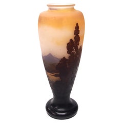 Large French Emile Galle Cameo Glass Blue Mountain and Lake Landscape Vase c1925