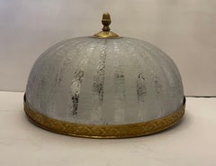 Large French Empire Brass Crackle Art Glass Flush Mount Ceiling Light Fixture