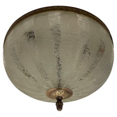 Large French Empire Brass Crackle Art Glass Flush Mount Ceiling Light Fixture