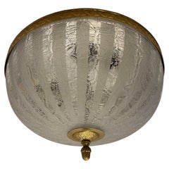 Large French Empire Brass Crackle Art Glass Flush Mount Ceiling Light Fixture