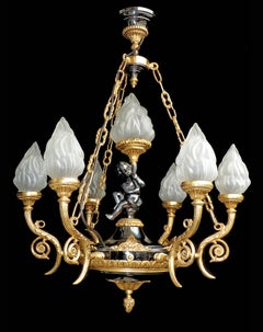 Large French Empire Cherub Patinated & Gilt Bronze 7light Putti Torch Chandelier